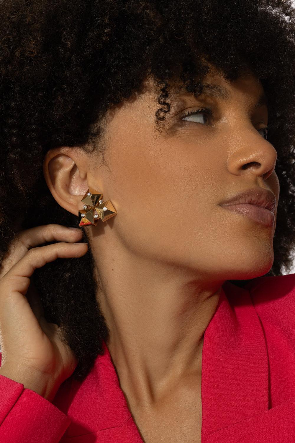 Diamond Accent Piramide Triple Earrings-YELLOW GOLD-JEWELRYFINE JEWELEARRING-ALETTO BROTHERS