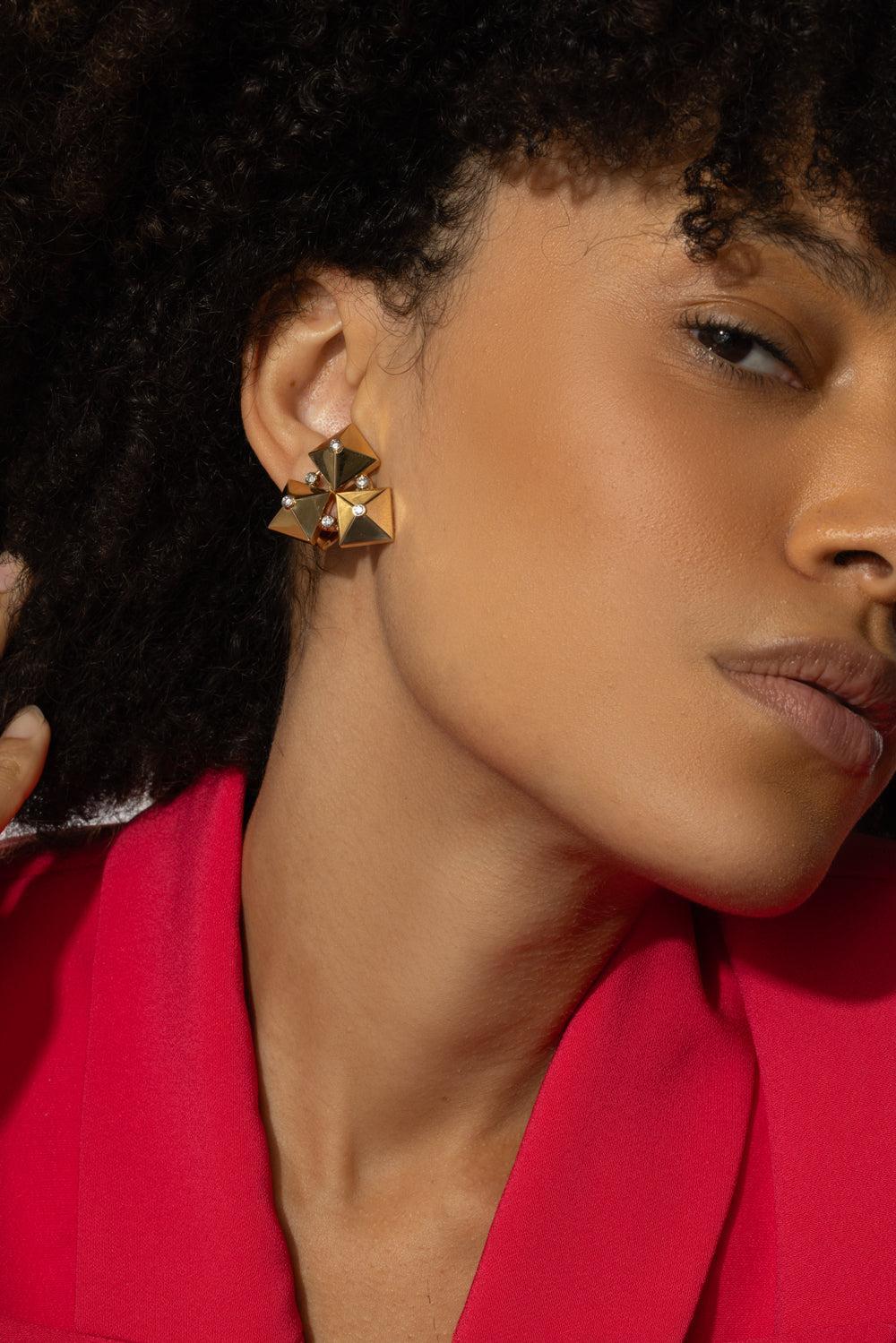 Diamond Accent Piramide Triple Earrings-YELLOW GOLD-JEWELRYFINE JEWELEARRING-ALETTO BROTHERS