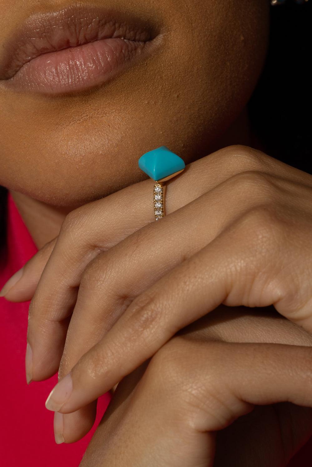 Black Onyx Diamond Piramide Turquoise Ring-YELLOW GOLD-JEWELRYFINE JEWELRING-ALETTO BROTHERS