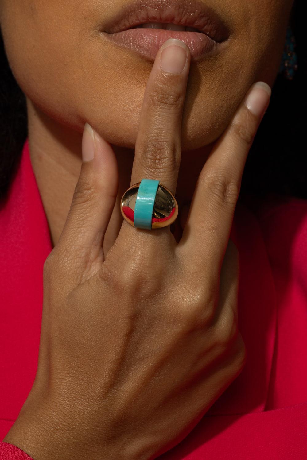 Turquoise Linea Alta Ring-YELLOW GOLD-JEWELRYFINE JEWELRING-ALETTO BROTHERS