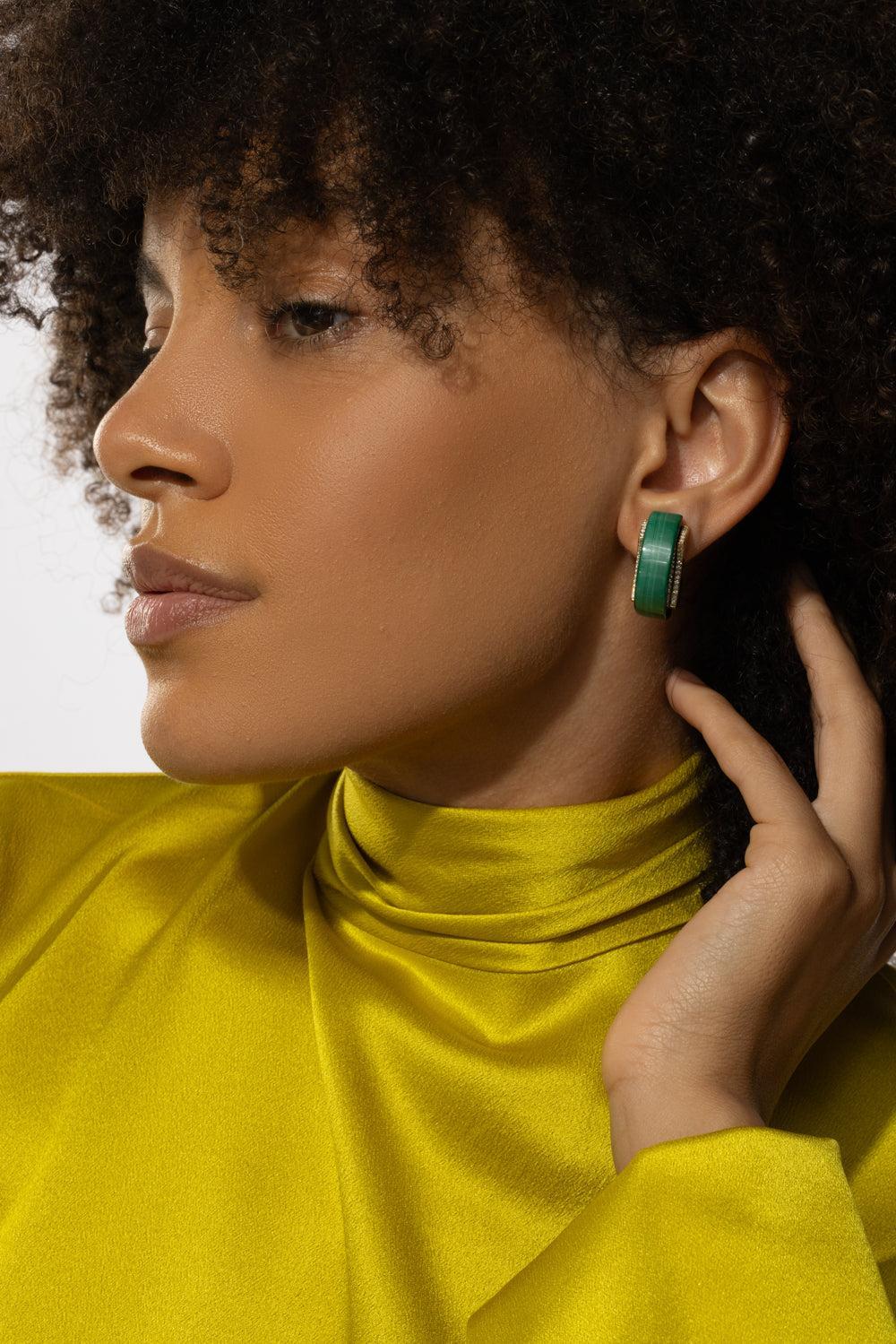 Malachite Diamond Edging Luna Curve Earrings-YELLOW GOLD-JEWELRYFINE JEWELEARRING-ALETTO BROTHERS
