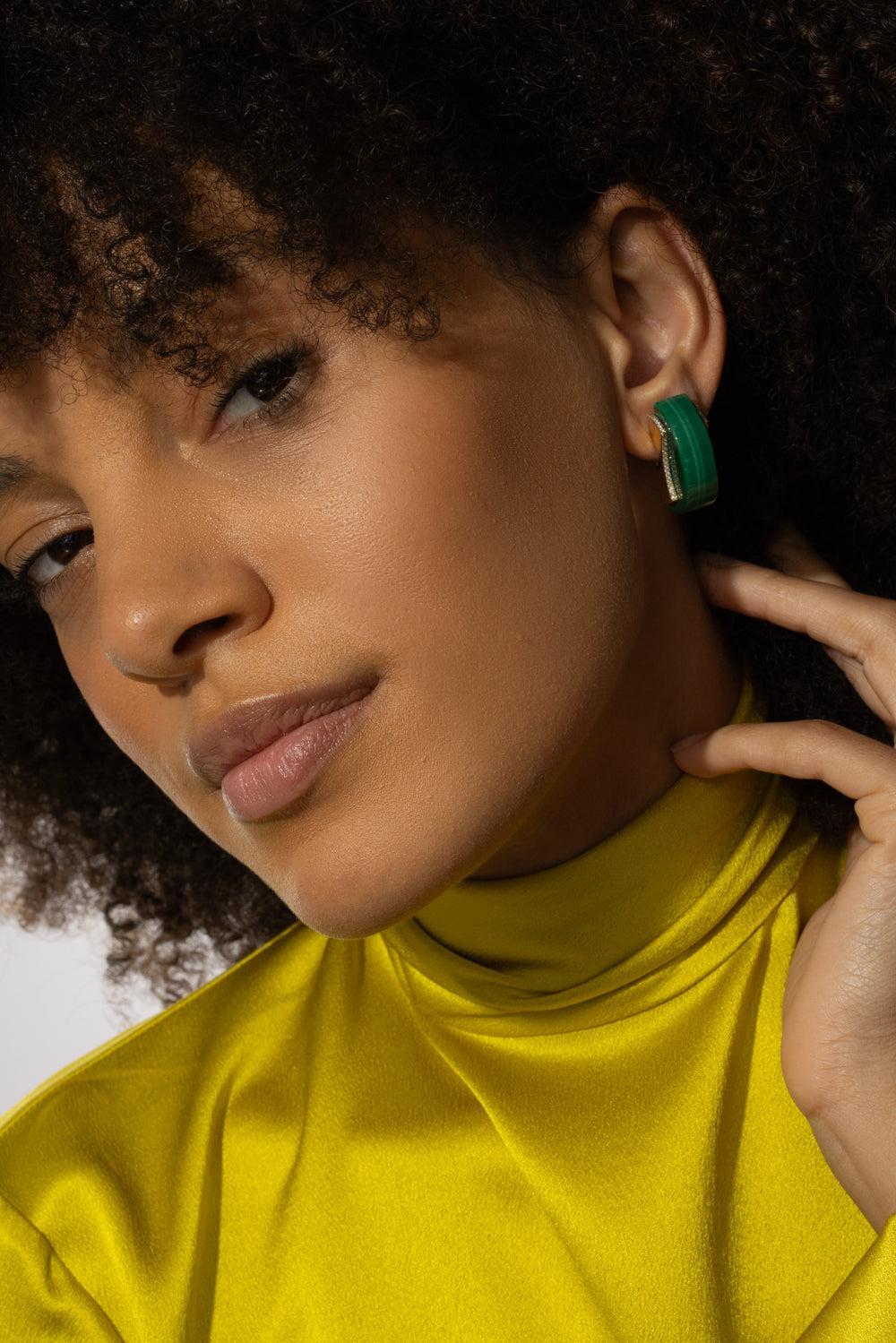 Malachite Diamond Edging Luna Curve Earrings-YELLOW GOLD-JEWELRYFINE JEWELEARRING-ALETTO BROTHERS