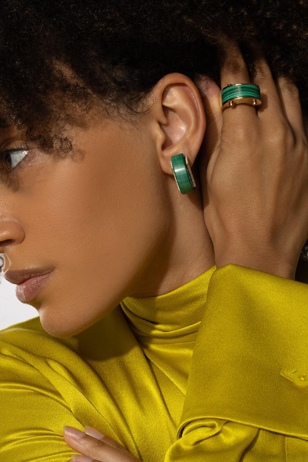 Malachite Diamond Edging Luna Curve Earrings-YELLOW GOLD-JEWELRYFINE JEWELEARRING-ALETTO BROTHERS