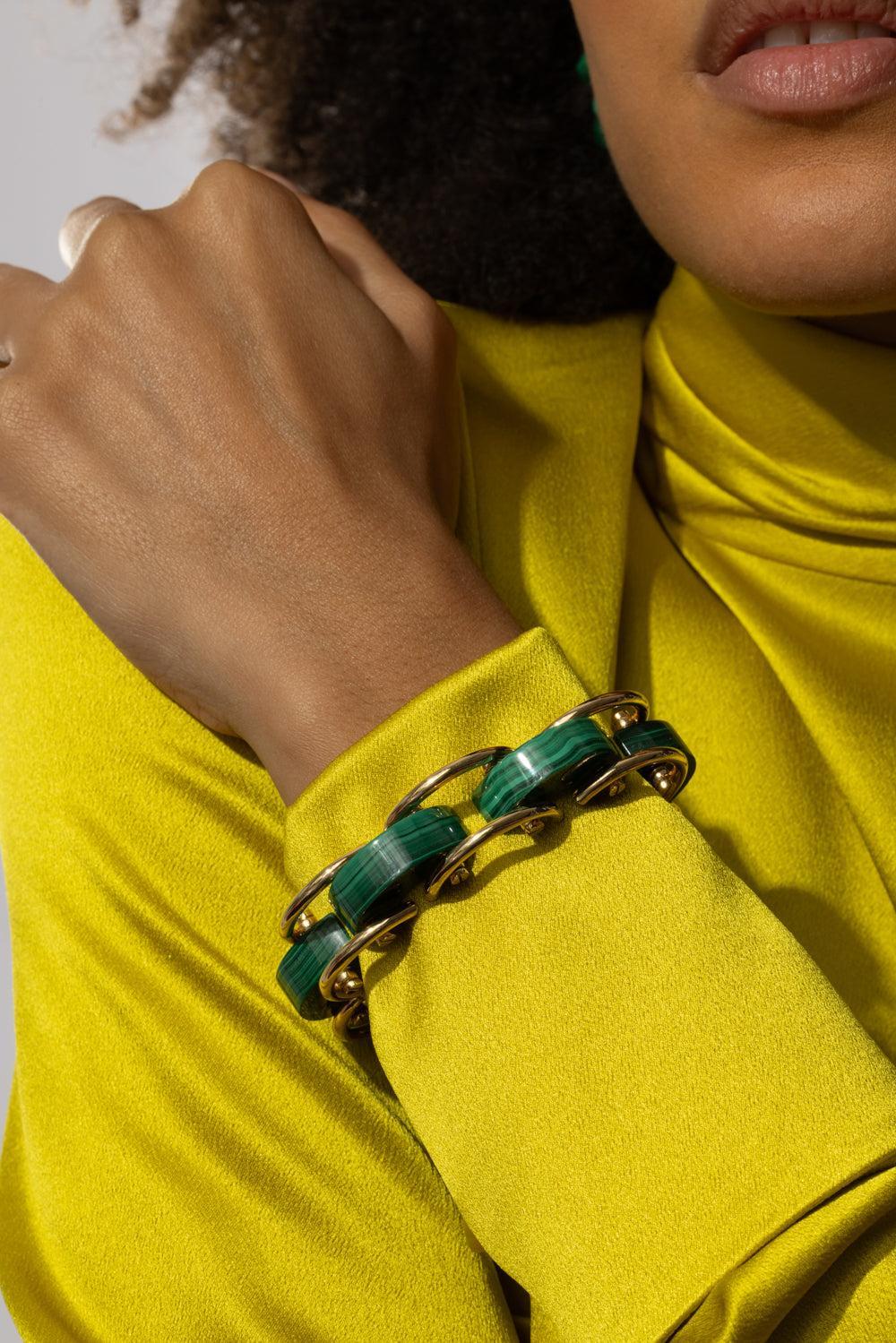Malachite Luna Curve Bracelet-YELLOW GOLD-JEWELRYFINE JEWELBRACELET O-ALETTO BROTHERS