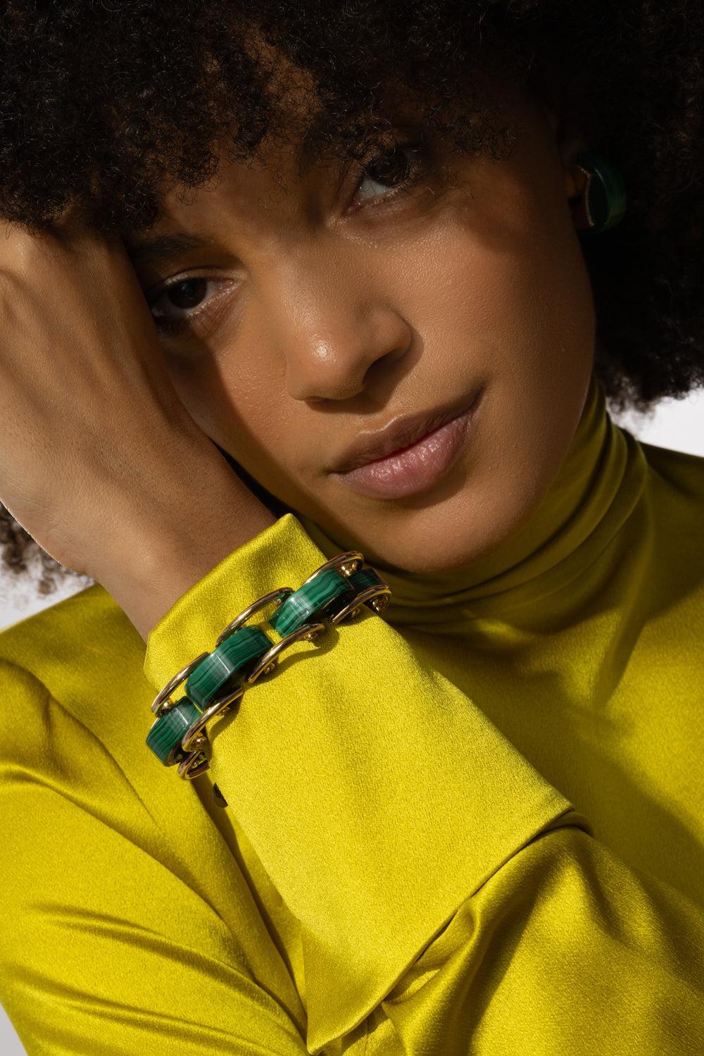 Malachite Luna Curve Bracelet-YELLOW GOLD-JEWELRYFINE JEWELBRACELET O-ALETTO BROTHERS