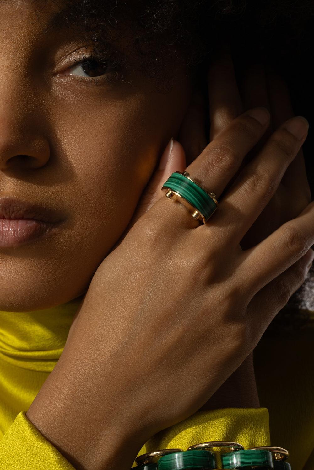 Malachite Diamond Luna Curve Ring-YELLOW GOLD-JEWELRYFINE JEWELRING-ALETTO BROTHERS