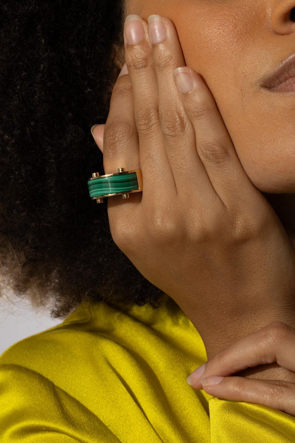 Malachite Diamond Luna Curve Ring-YELLOW GOLD-JEWELRYFINE JEWELRING-ALETTO BROTHERS