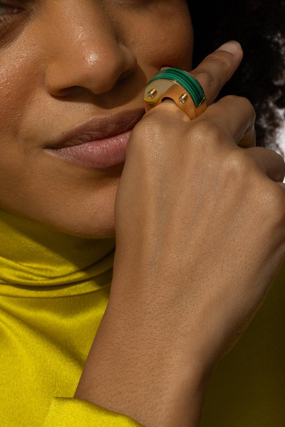 Malachite Diamond Luna Curve Ring-YELLOW GOLD-JEWELRYFINE JEWELRING-ALETTO BROTHERS
