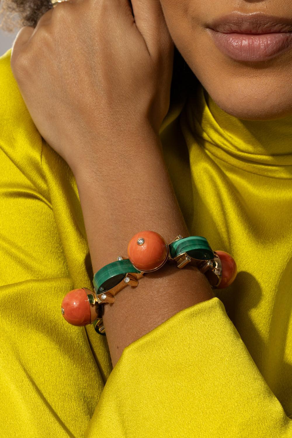 Coral Bead Malachite Terra Linea Bracelet-YELLOW GOLD-JEWELRYFINE JEWELBRACELET O-ALETTO BROTHERS