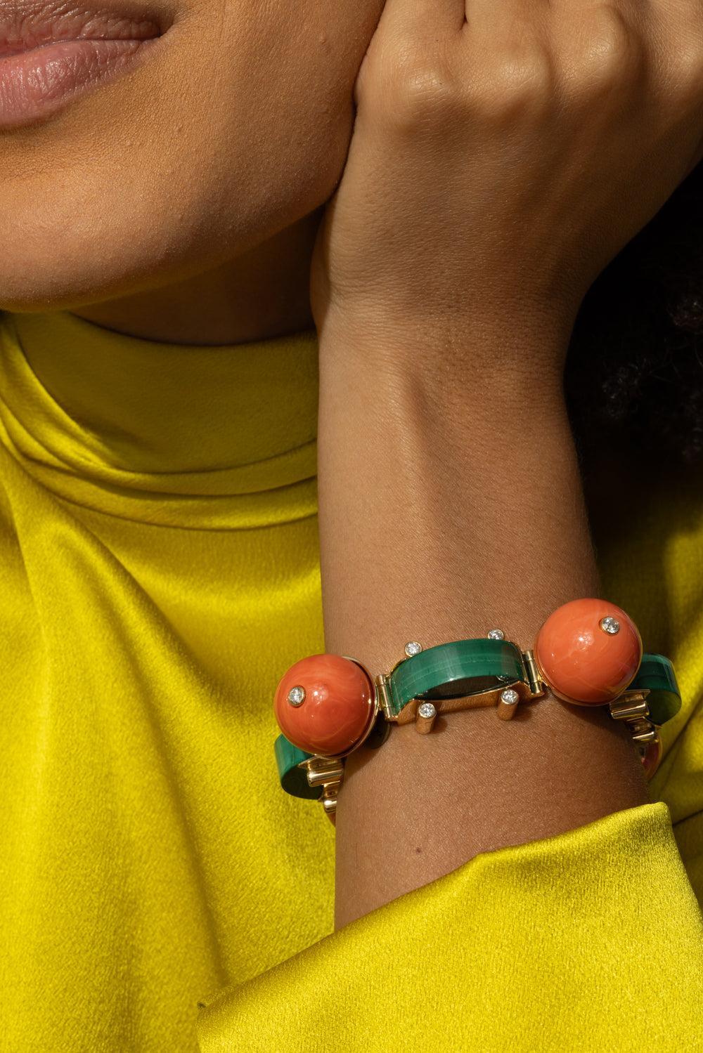 Coral Bead Malachite Terra Linea Bracelet-YELLOW GOLD-JEWELRYFINE JEWELBRACELET O-ALETTO BROTHERS