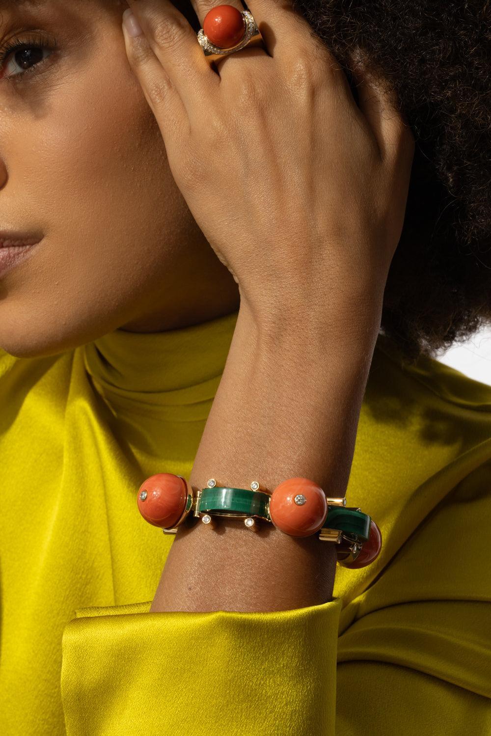 Coral Bead Malachite Terra Linea Bracelet-YELLOW GOLD-JEWELRYFINE JEWELBRACELET O-ALETTO BROTHERS