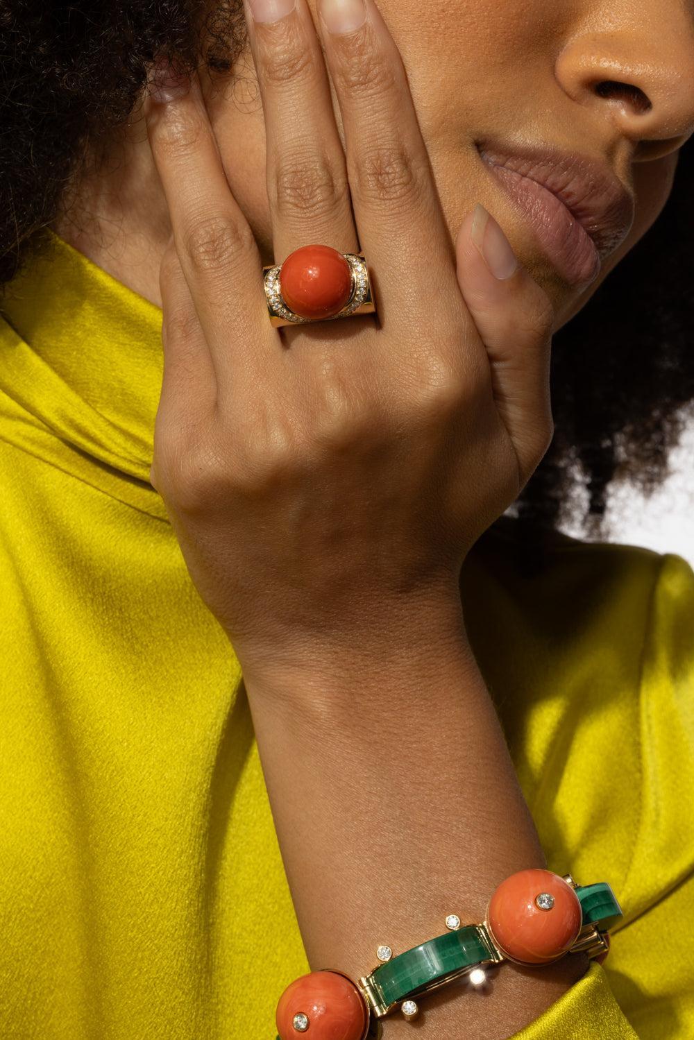 Mediterranean Coral Diamond Accent Sfera Ring-YELLOW GOLD-JEWELRYFINE JEWELRING-ALETTO BROTHERS