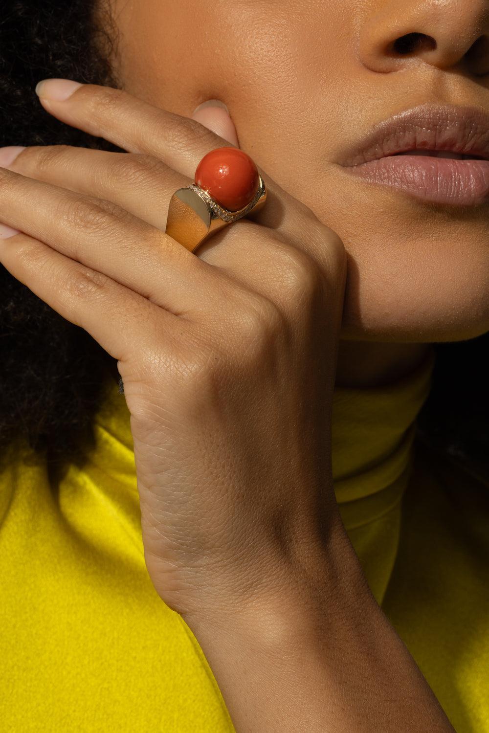Mediterranean Coral Diamond Accent Sfera Ring-YELLOW GOLD-JEWELRYFINE JEWELRING-ALETTO BROTHERS