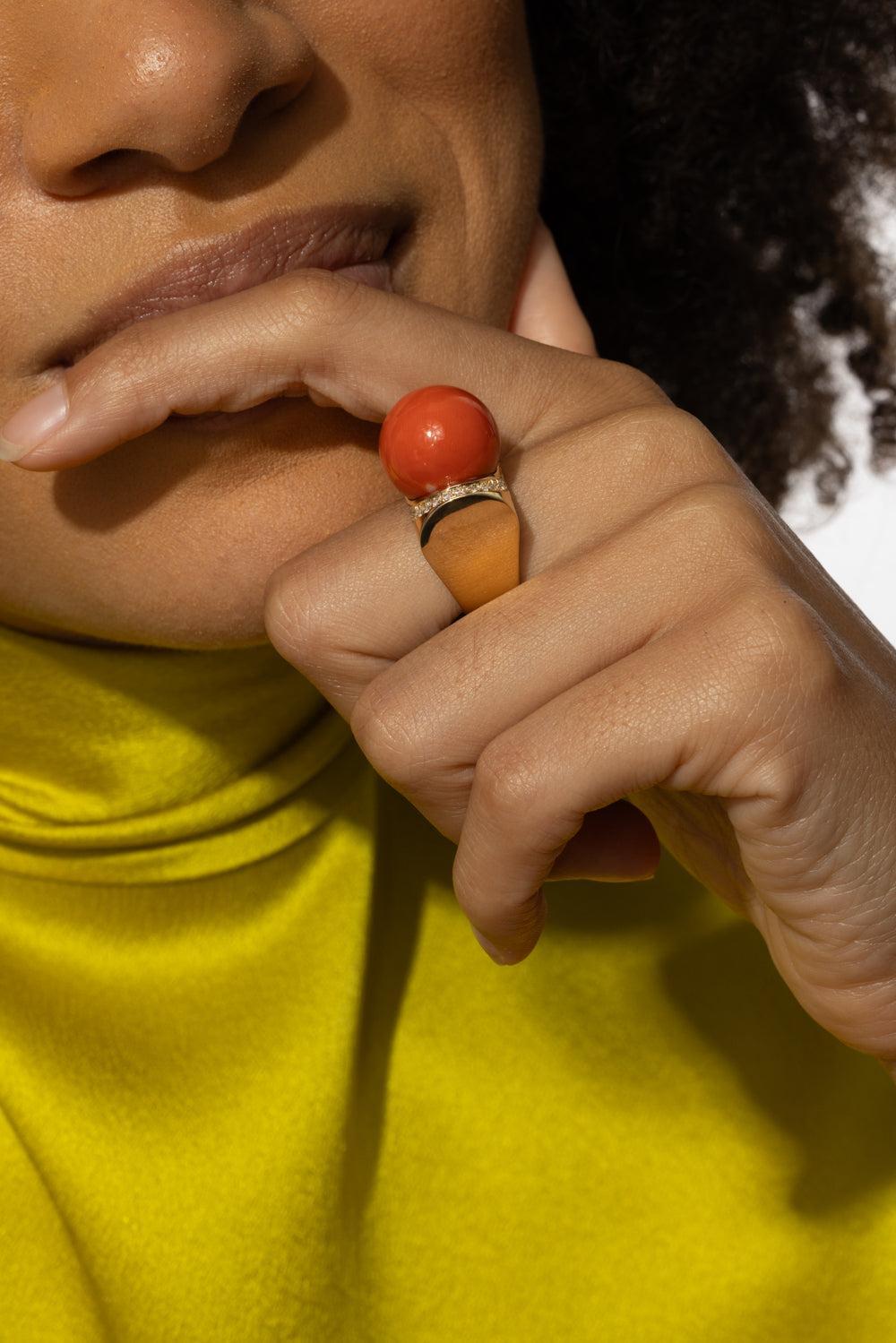 Mediterranean Coral Diamond Accent Sfera Ring-YELLOW GOLD-JEWELRYFINE JEWELRING-ALETTO BROTHERS