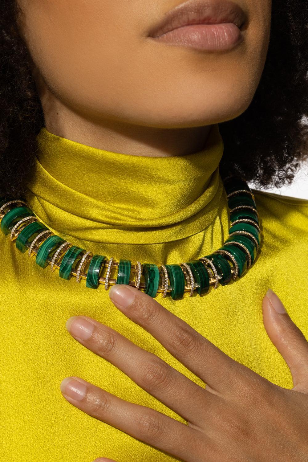 Malachite Diamond Gilded Rhythm Necklace-YELLOW GOLD-JEWELRYFINE JEWELNECKLACE O-ALETTO BROTHERS
