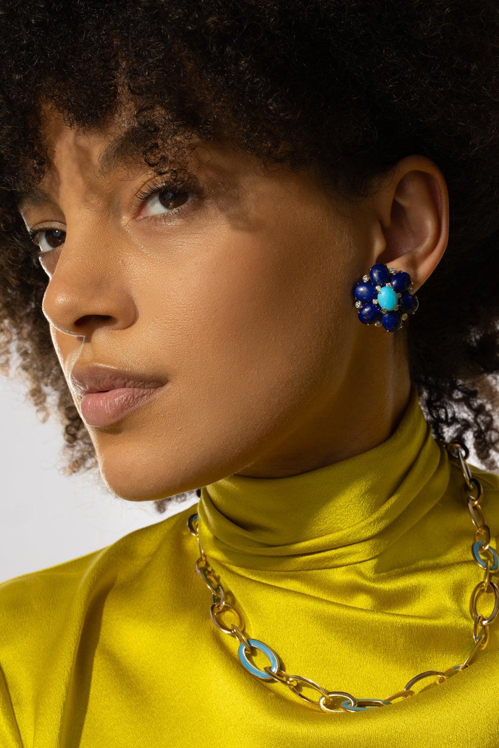 Turquoise Lapis Diamond Fioretta Earrings-YELLOW GOLD-JEWELRYFINE JEWELEARRING-ALETTO BROTHERS