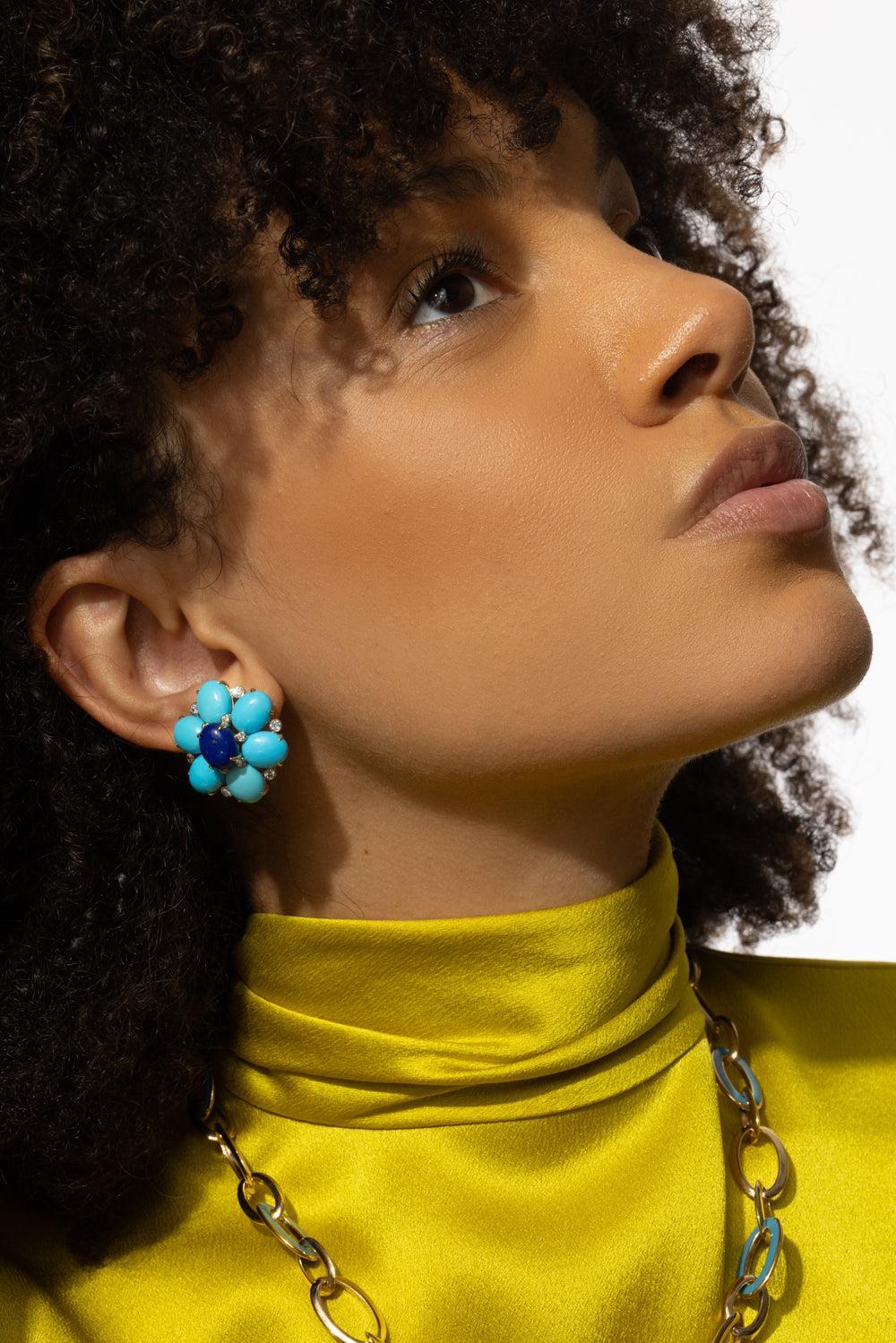 Turquoise Lapis Diamond Fioretta Earrings-YELLOW GOLD-JEWELRYFINE JEWELEARRING-ALETTO BROTHERS