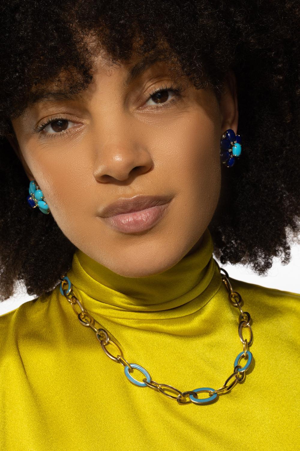 Turquoise Lapis Diamond Fioretta Earrings-YELLOW GOLD-JEWELRYFINE JEWELEARRING-ALETTO BROTHERS