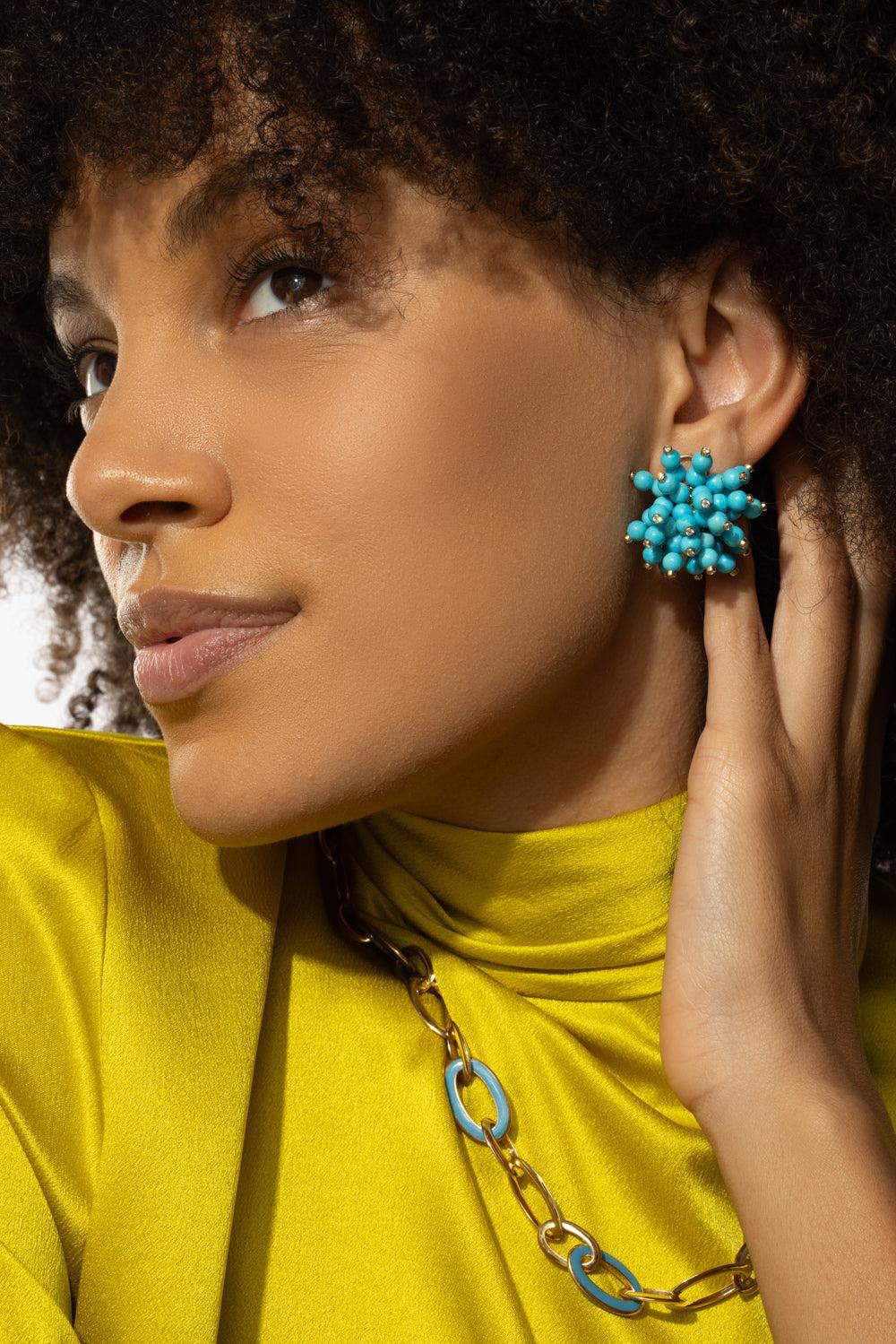 Sleeping Beauty Turquoise Diamond Frizzante Earrings-YELLOW GOLD-JEWELRYFINE JEWELEARRING-ALETTO BROTHERS