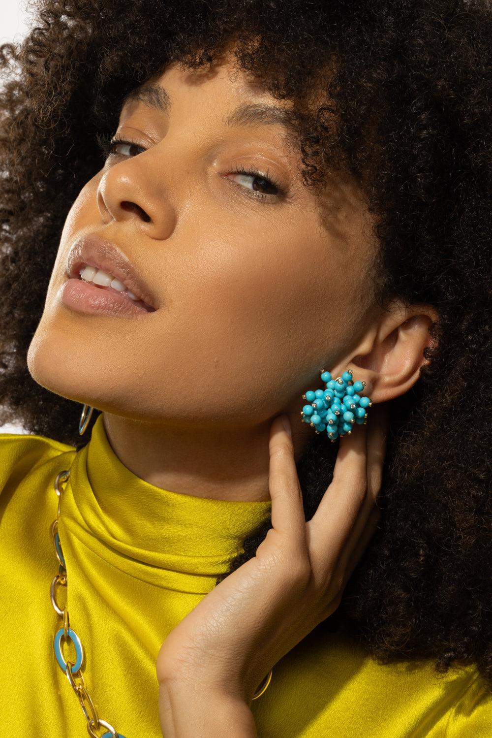 Sleeping Beauty Turquoise Diamond Frizzante Earrings-YELLOW GOLD-JEWELRYFINE JEWELEARRING-ALETTO BROTHERS