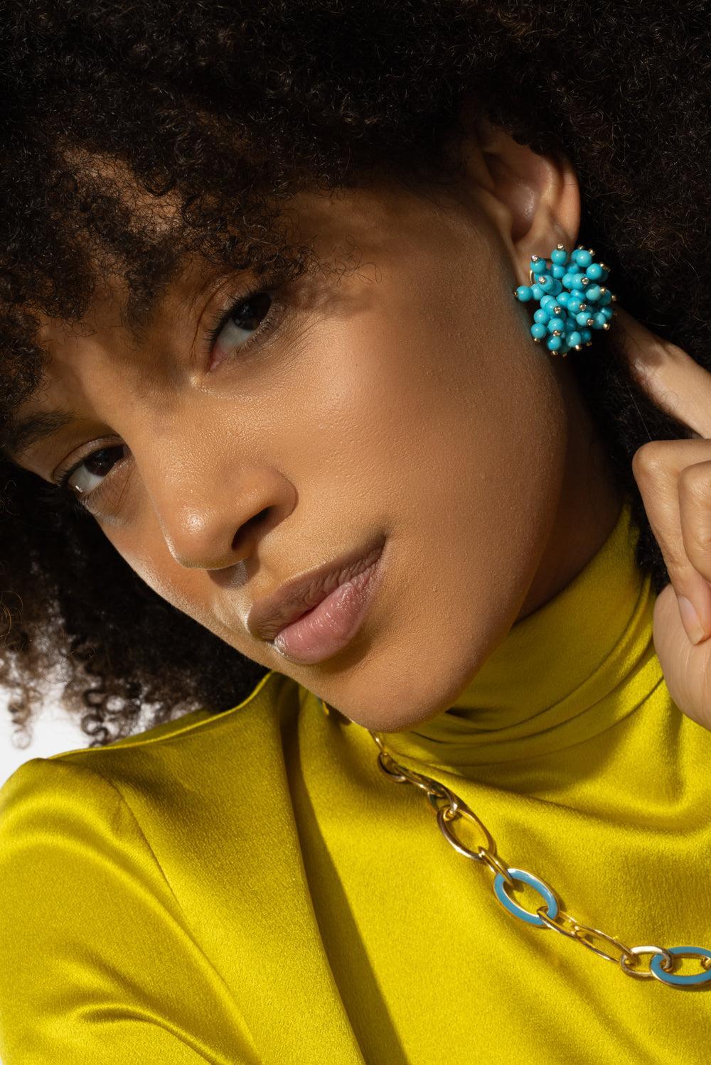 Sleeping Beauty Turquoise Diamond Frizzante Earrings-YELLOW GOLD-JEWELRYFINE JEWELEARRING-ALETTO BROTHERS