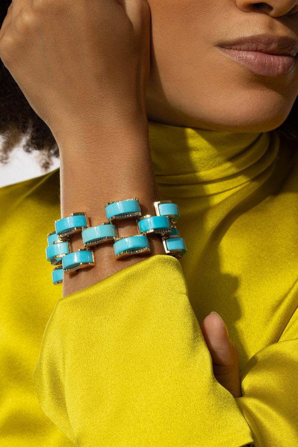 Sleeping Beauty Turquoise Archetti Diamond Edging Bracelet-YELLOW GOLD-JEWELRYFINE JEWELBRACELET O-ALETTO BROTHERS