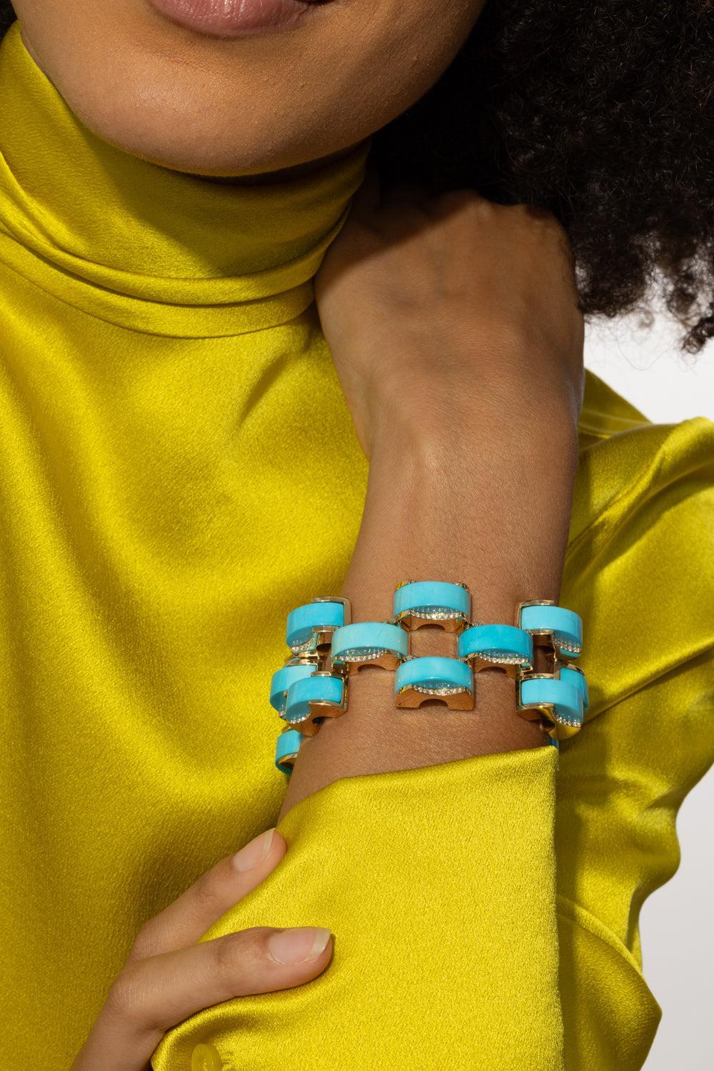 Sleeping Beauty Turquoise Archetti Diamond Edging Bracelet-YELLOW GOLD-JEWELRYFINE JEWELBRACELET O-ALETTO BROTHERS