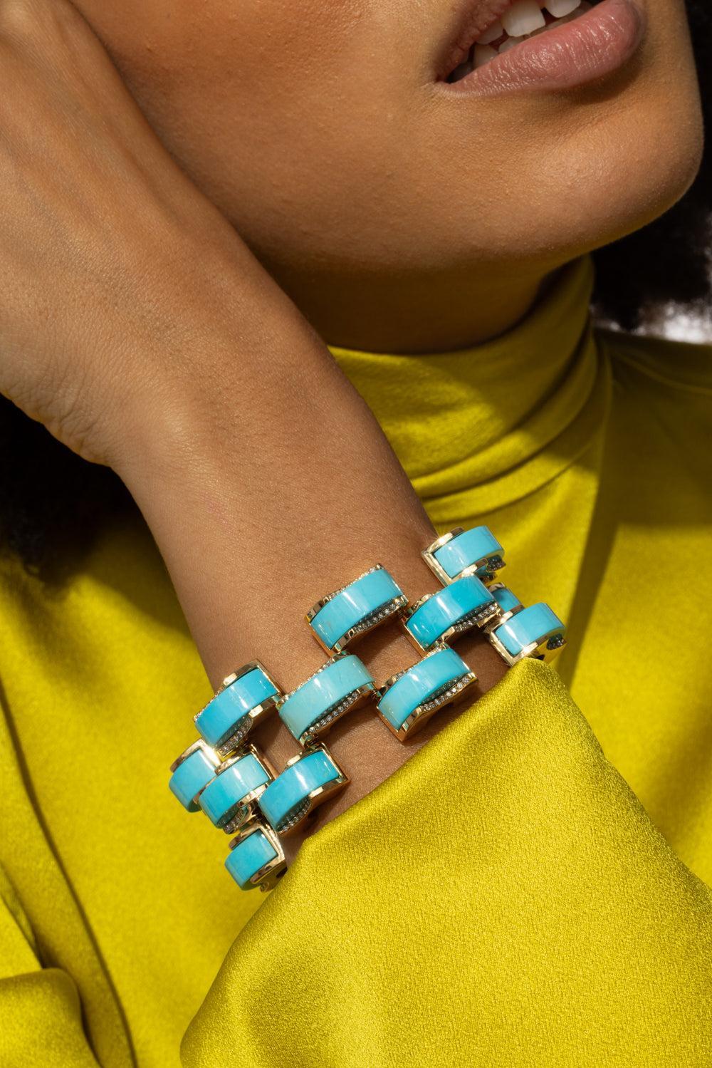 Sleeping Beauty Turquoise Archetti Diamond Edging Bracelet-YELLOW GOLD-JEWELRYFINE JEWELBRACELET O-ALETTO BROTHERS