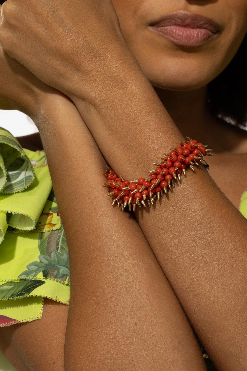 Coral Bead Spiked Muse Bracelet-YELLOW GOLD-JEWELRYFINE JEWELBRACELET O-ALETTO BROTHERS