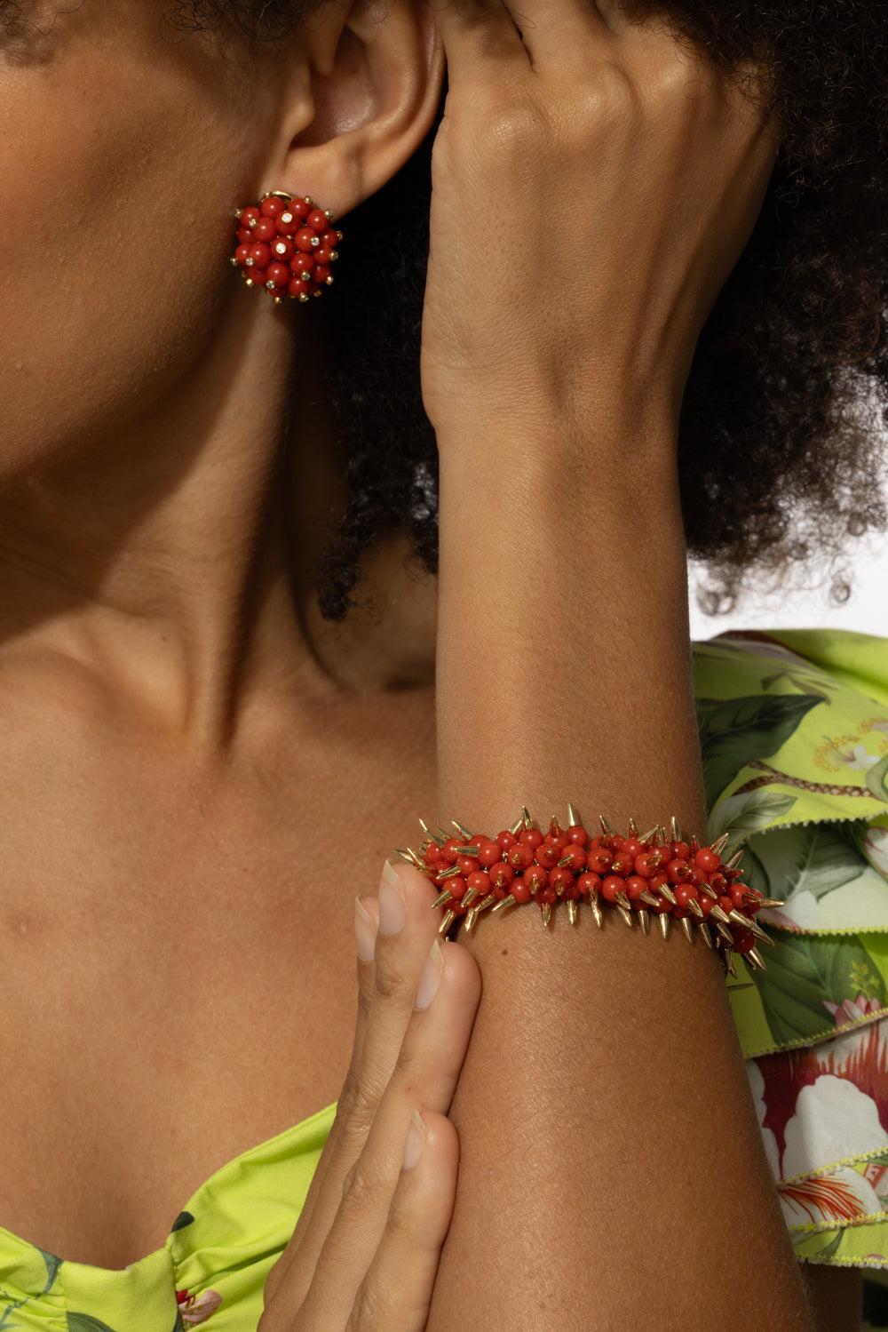 Coral Bead Spiked Muse Bracelet-YELLOW GOLD-JEWELRYFINE JEWELBRACELET O-ALETTO BROTHERS