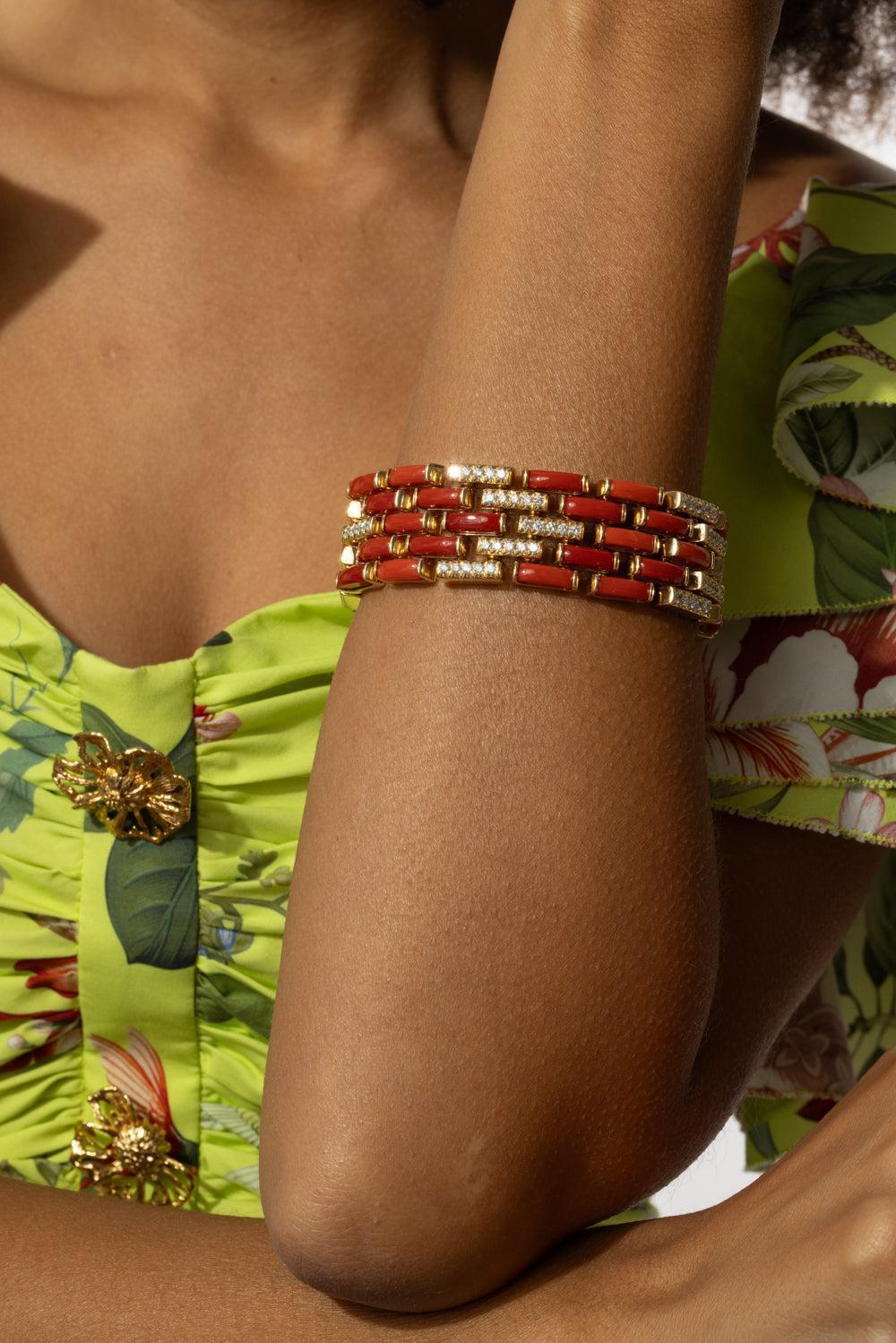 Mediterranean Coral Diamond Red Mosaic Bracelet-YELLOW GOLD-JEWELRYFINE JEWELBRACELET O-ALETTO BROTHERS