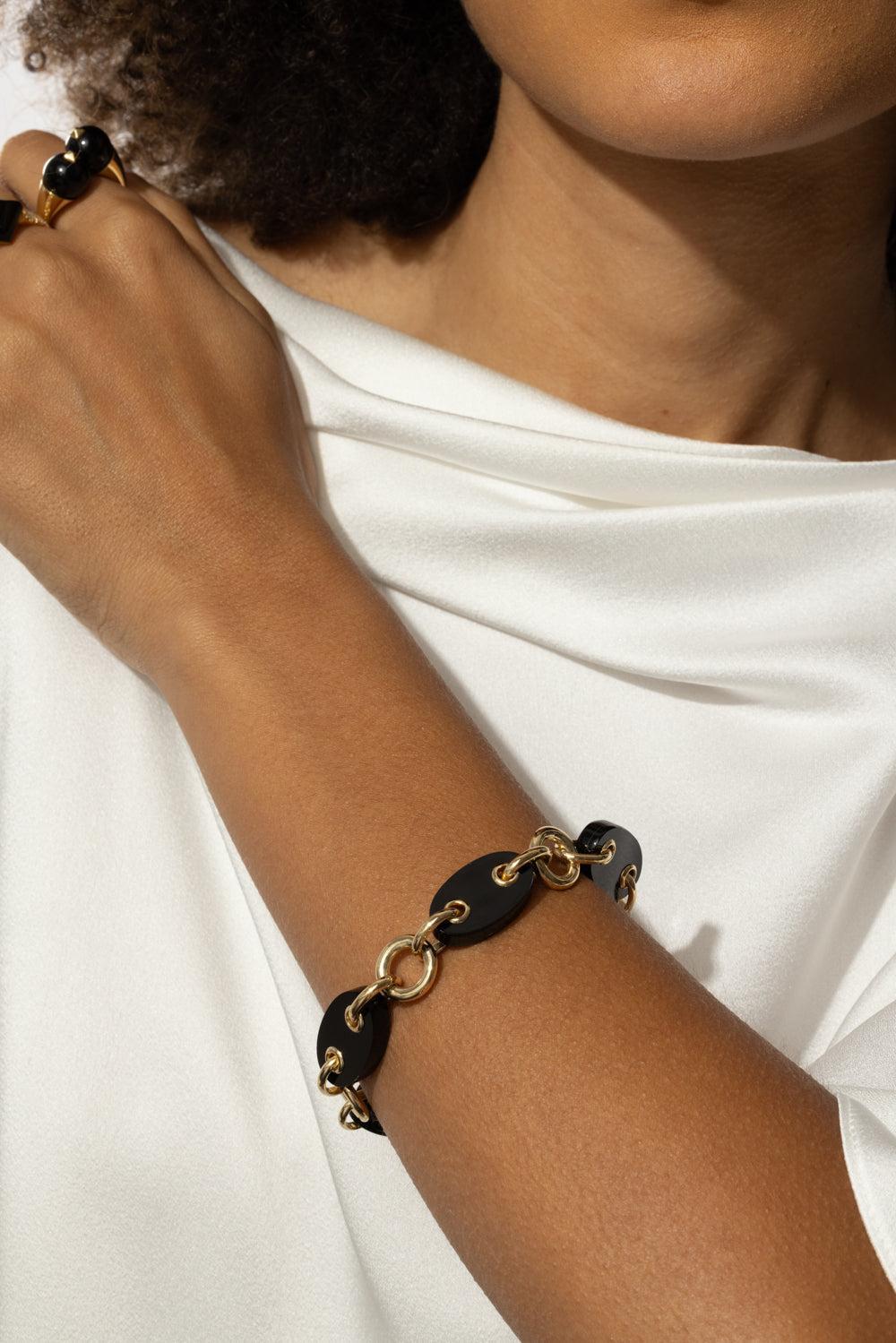 Black Onyx Costa Link Bracelet-YELLOW GOLD-JEWELRYFINE JEWELBRACELET O-ALETTO BROTHERS