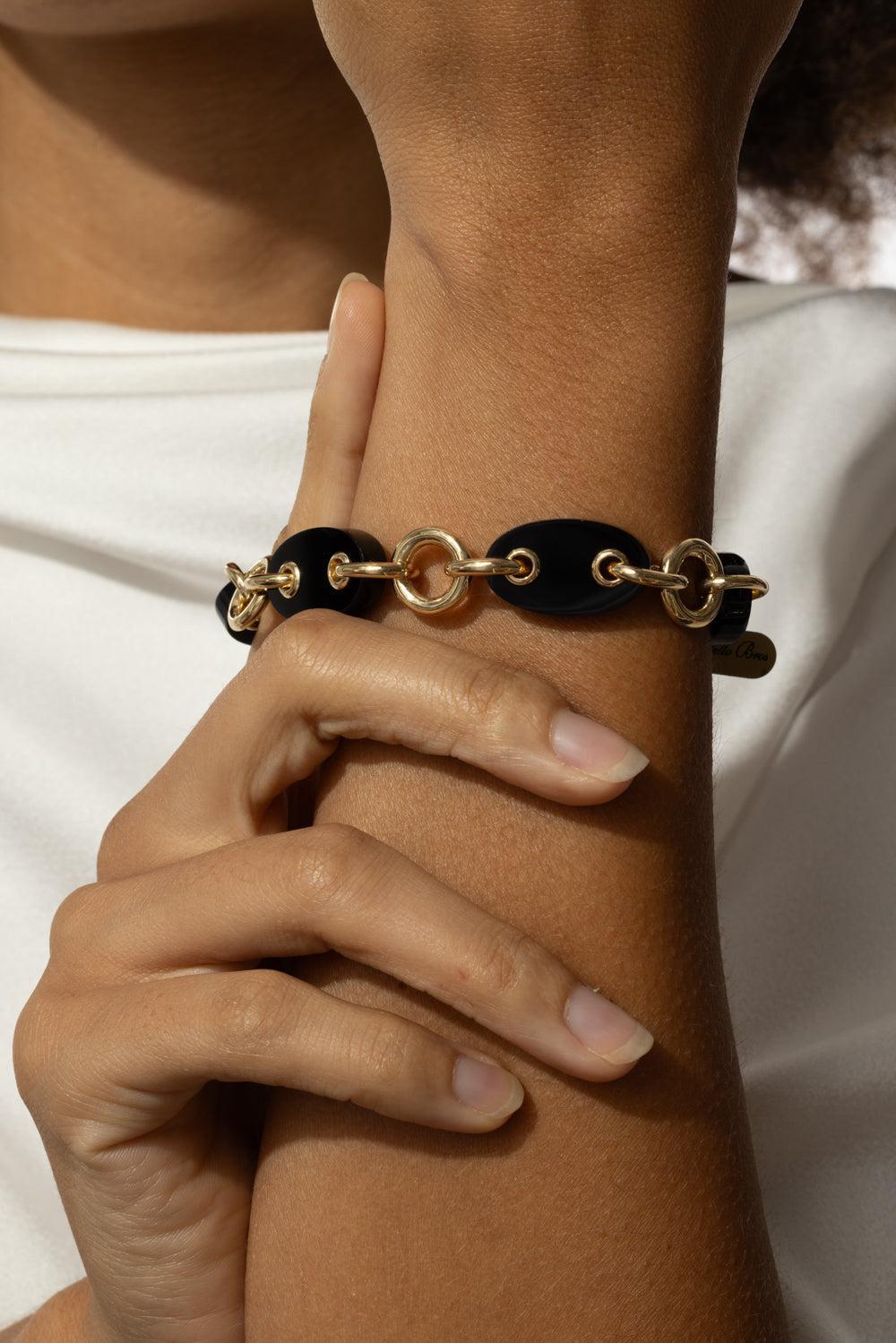 Black Onyx Costa Link Bracelet-YELLOW GOLD-JEWELRYFINE JEWELBRACELET O-ALETTO BROTHERS