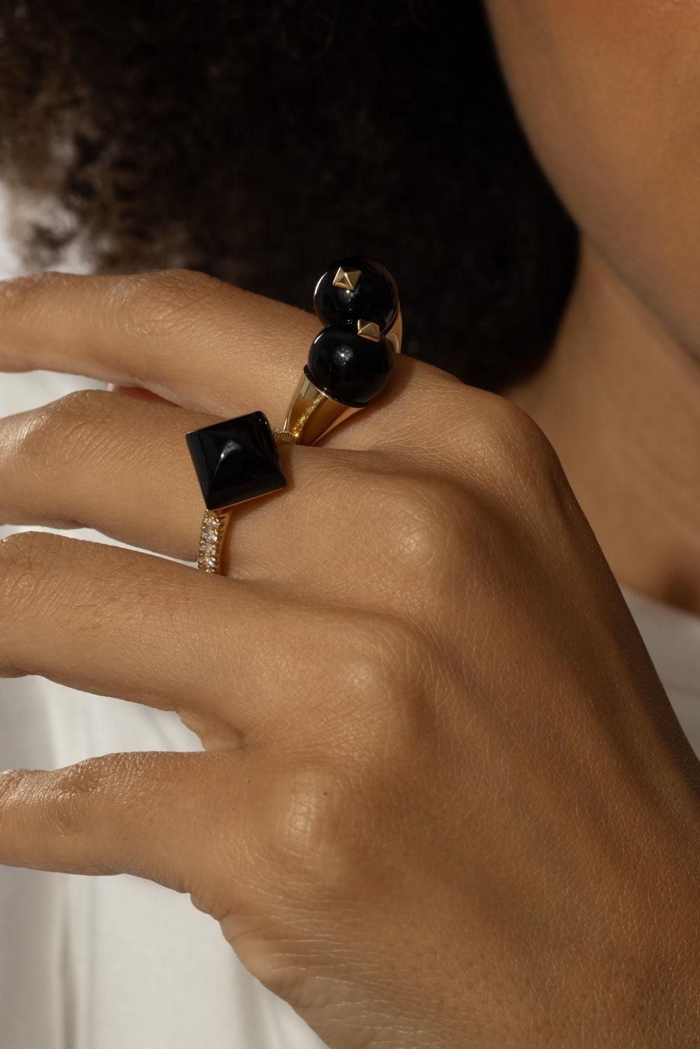 Black Onyx Gemini Ring-YELLOW GOLD-JEWELRYFINE JEWELRING-ALETTO BROTHERS