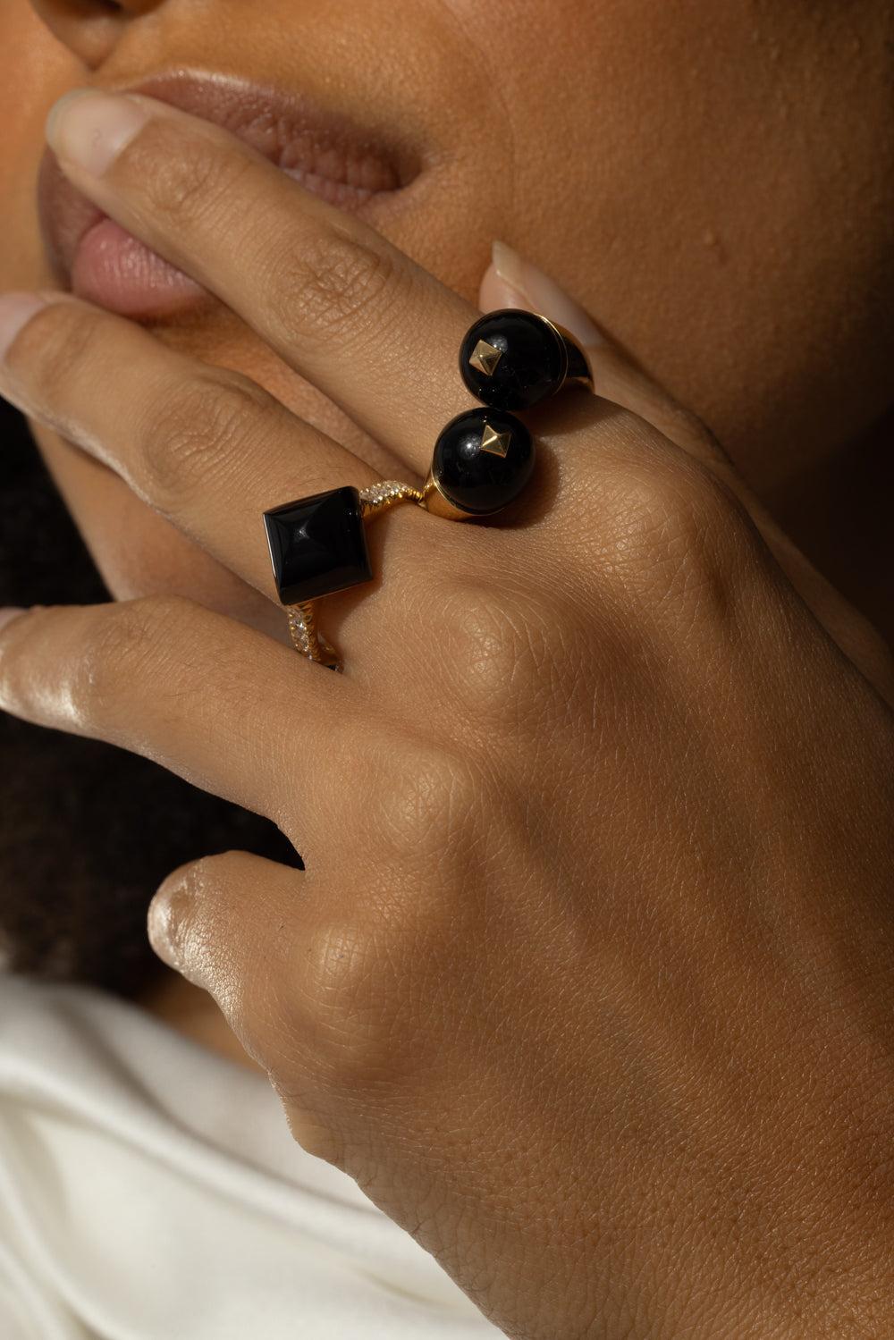 Black Onyx Gemini Ring-YELLOW GOLD-JEWELRYFINE JEWELRING-ALETTO BROTHERS