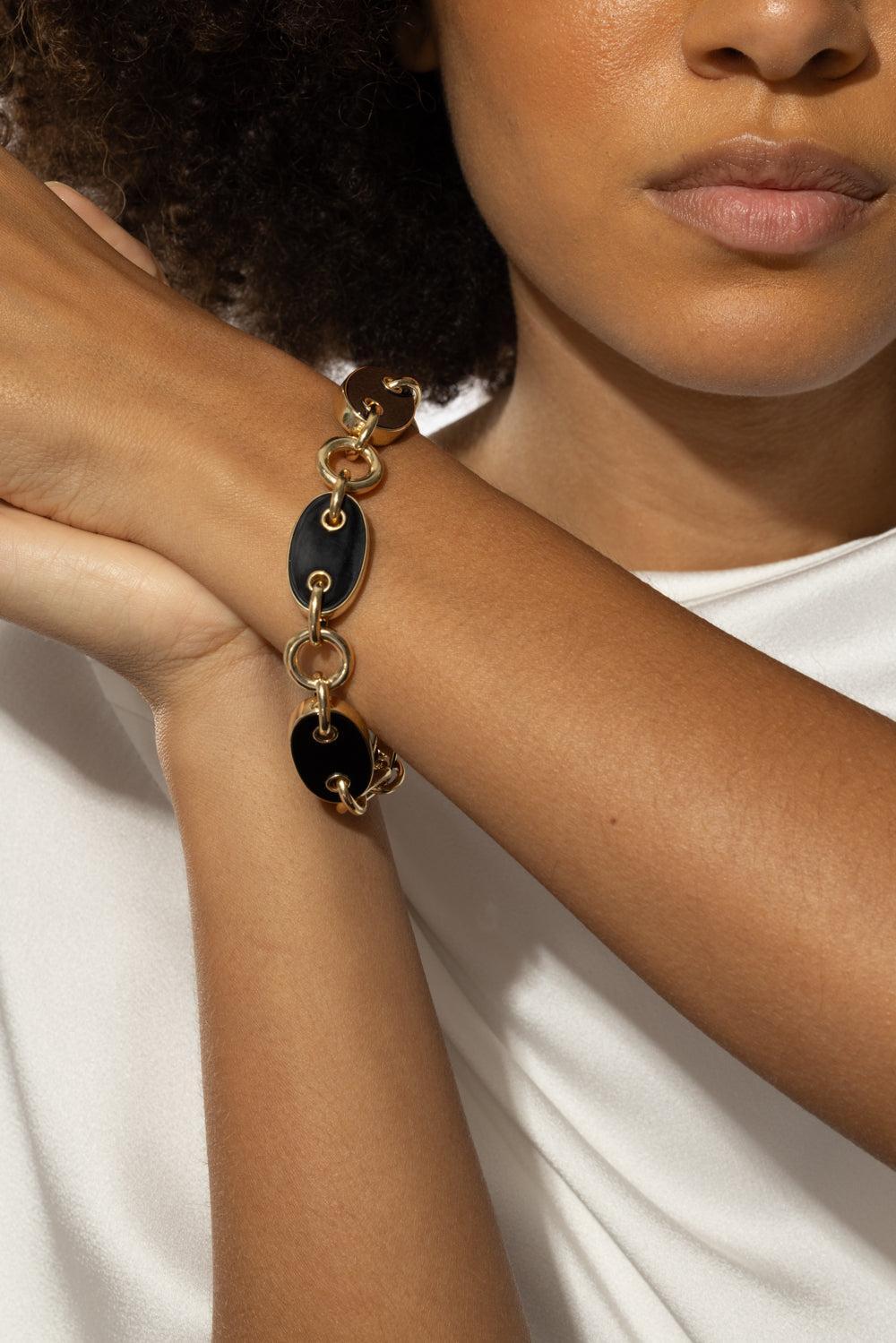 Black Onyx Costa Link Bracelet-YELLOW GOLD-JEWELRYFINE JEWELBRACELET O-ALETTO BROTHERS