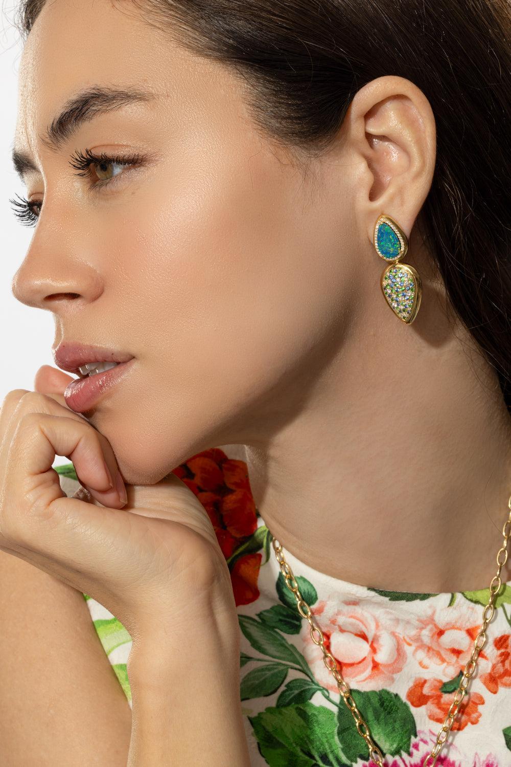 Opal Sapphire G-One Earrings-YELLOW GOLD-JEWELRYFINE JEWELEARRING-GOSHWARA