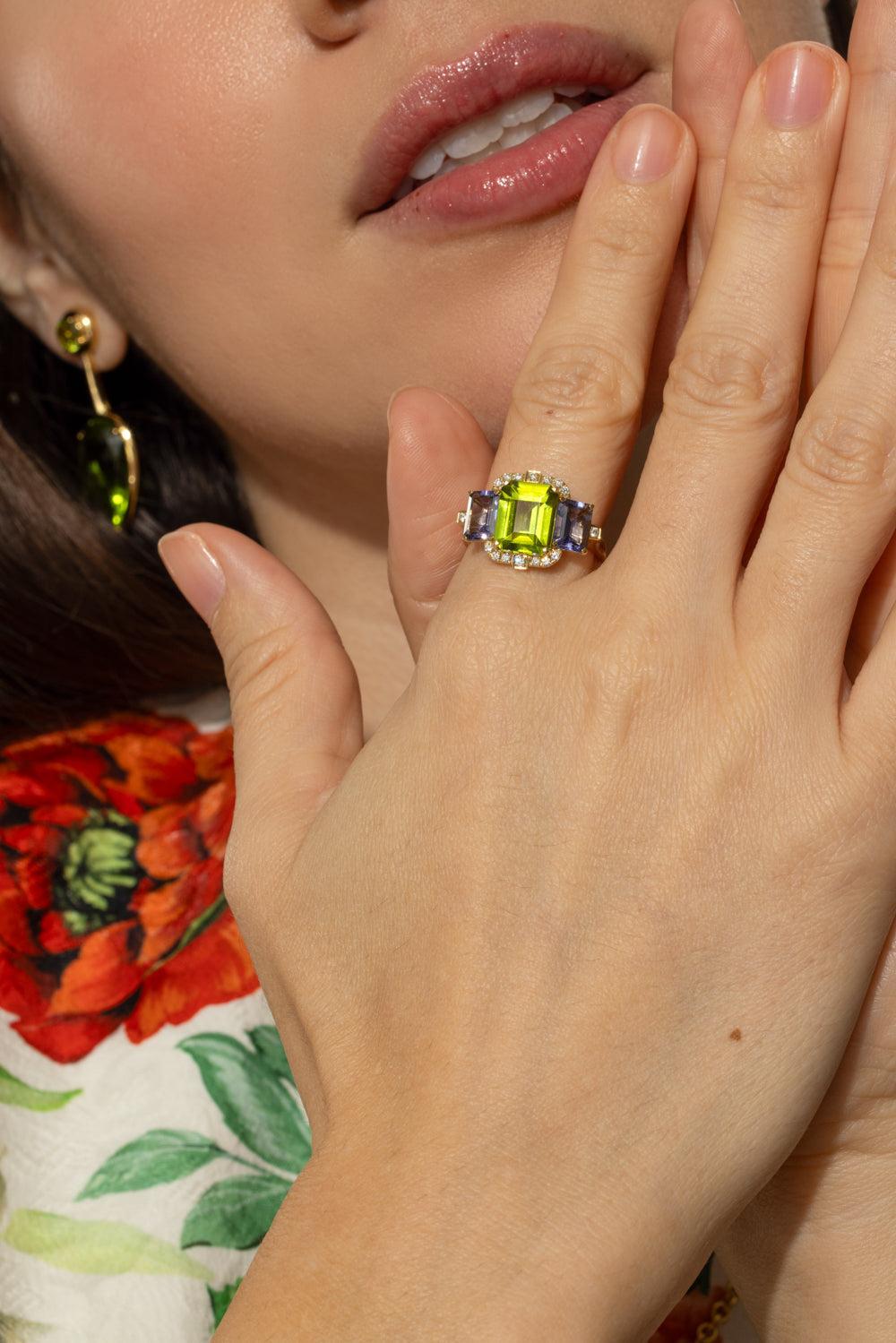 Peridot Lolite Three Stone Gossip Ring-YELLOW GOLD-7-JEWELRYFINE JEWELRING-GOSHWARA