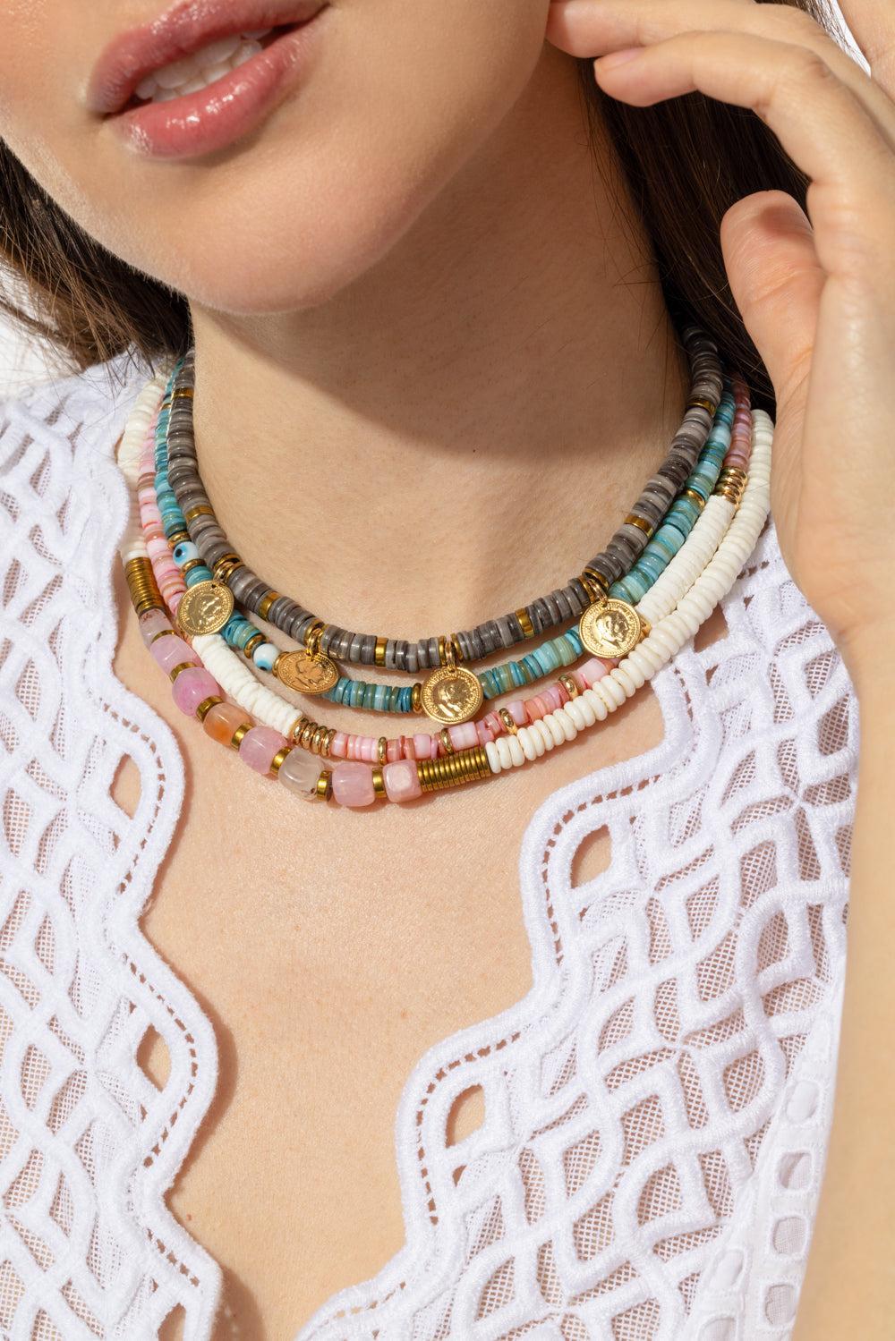Mar White Shell Agate Hematite Necklace-WHT/PNK-JEWELRYBOUTIQUENECKLACE O-HIJAS DE PUKA