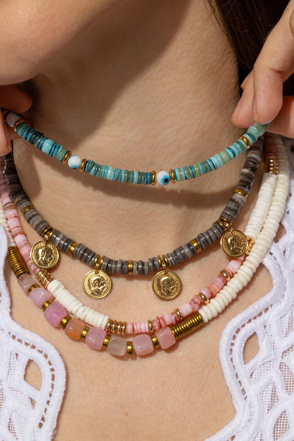 Mar White Shell Agate Hematite Necklace-WHT/PNK-JEWELRYBOUTIQUENECKLACE O-HIJAS DE PUKA