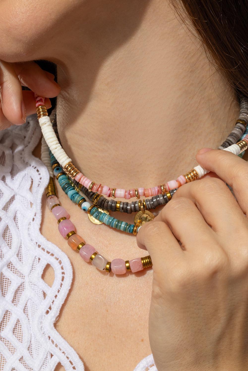 Pink White Shell Rondelle Necklace-PNK/WHT-JEWELRYBOUTIQUENECKLACE O-HIJAS DE PUKA