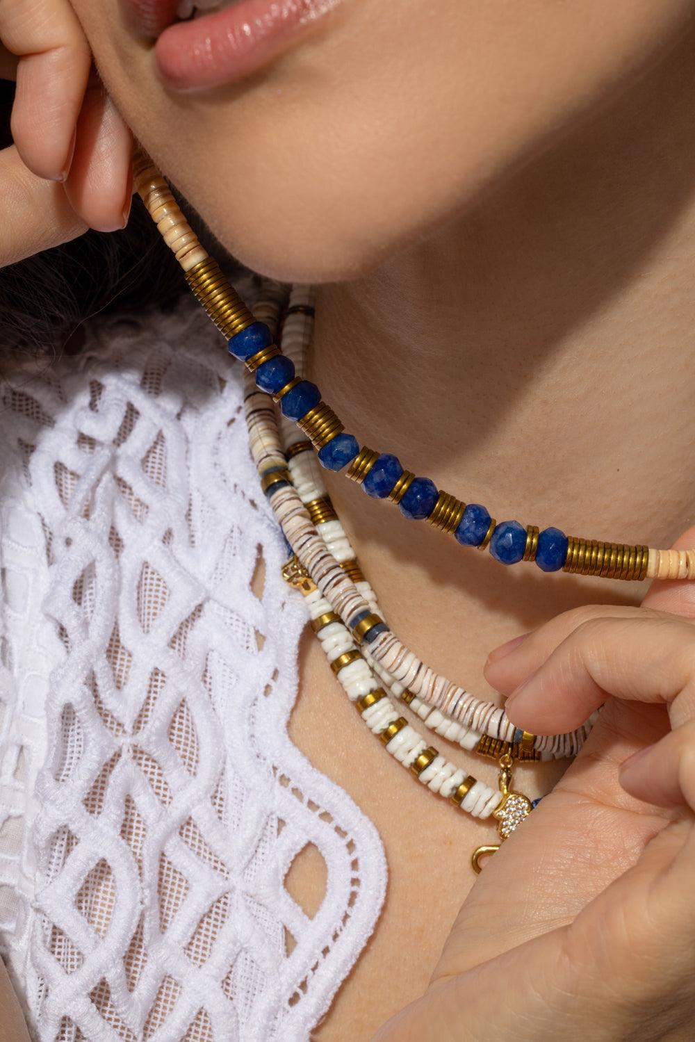 Paulina Dijon Blue Agate Sea Shell Necklace-BLUE-JEWELRYBOUTIQUENECKLACE O-HIJAS DE PUKA