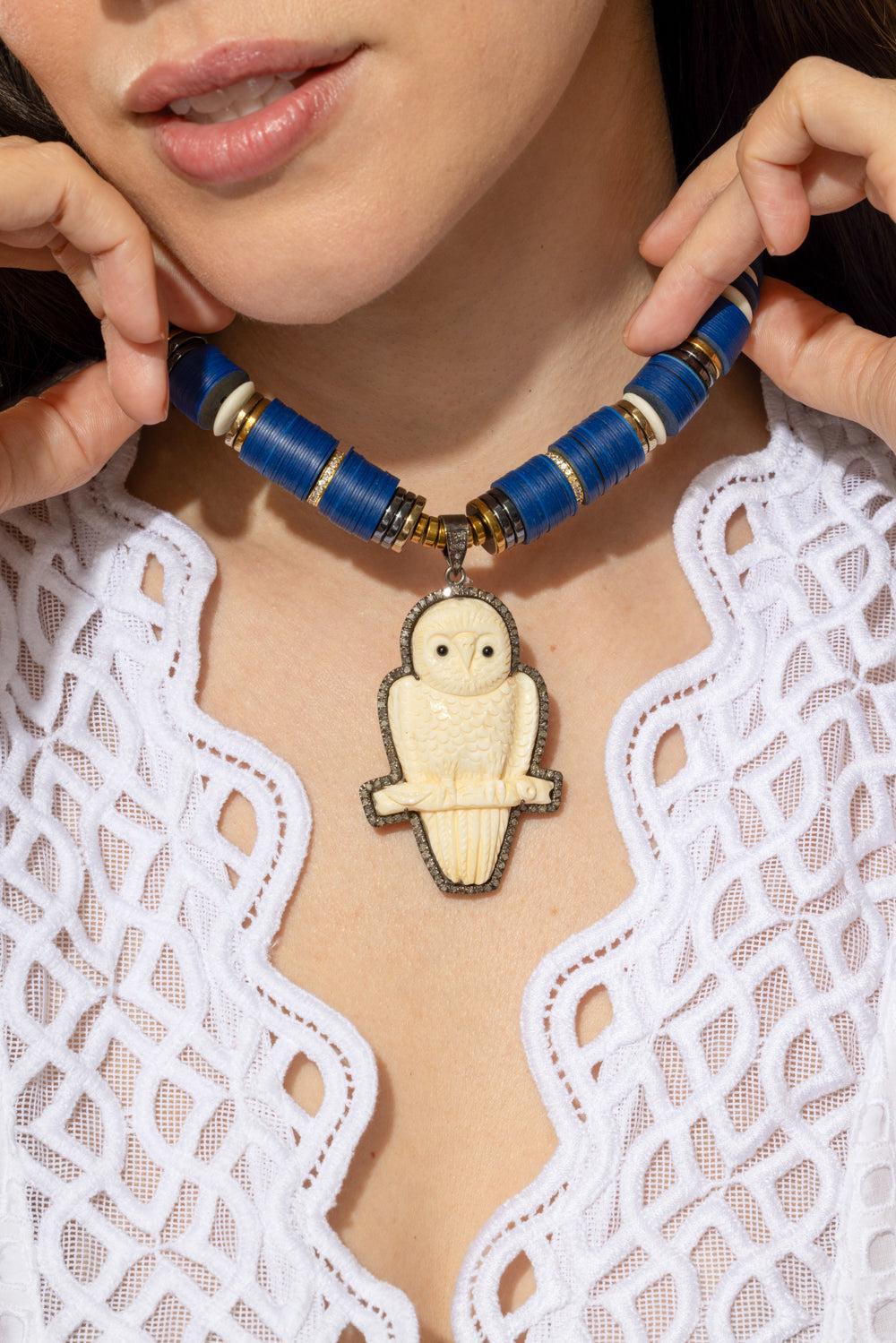 PM Bone Owl Pendant Blue Puka Necklace-BLUE-JEWELRYBOUTIQUENECKLACE O-HIJAS DE PUKA