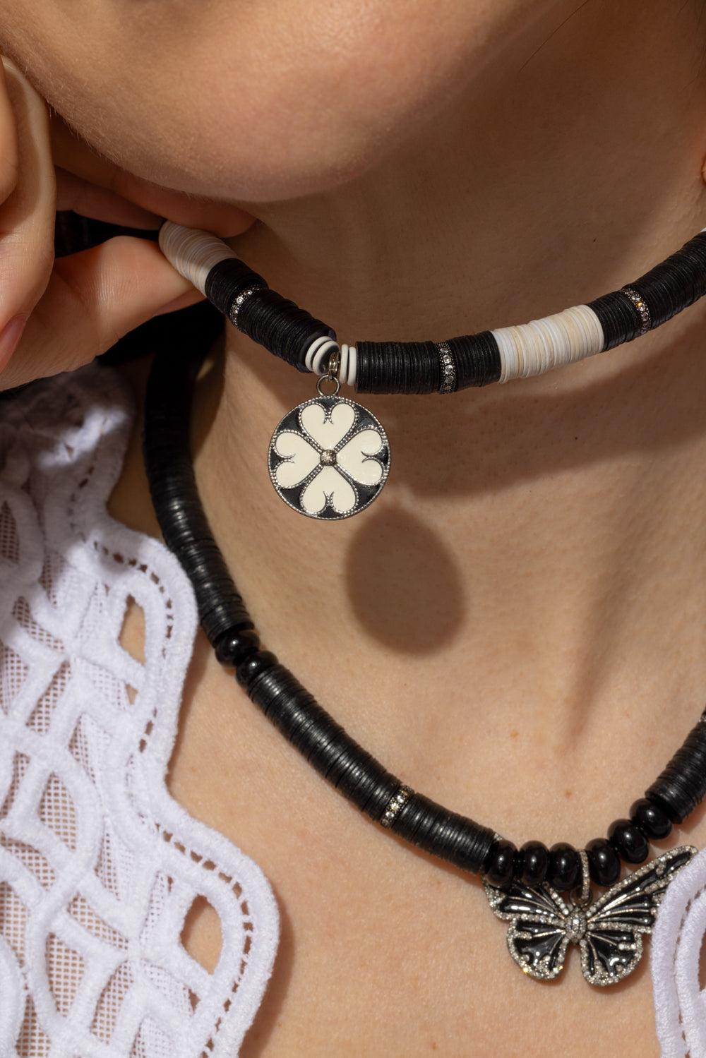 PM Clover White African Beaded Necklace-WHITE/BLACK-JEWELRYBOUTIQUENECKLACE O-HIJAS DE PUKA
