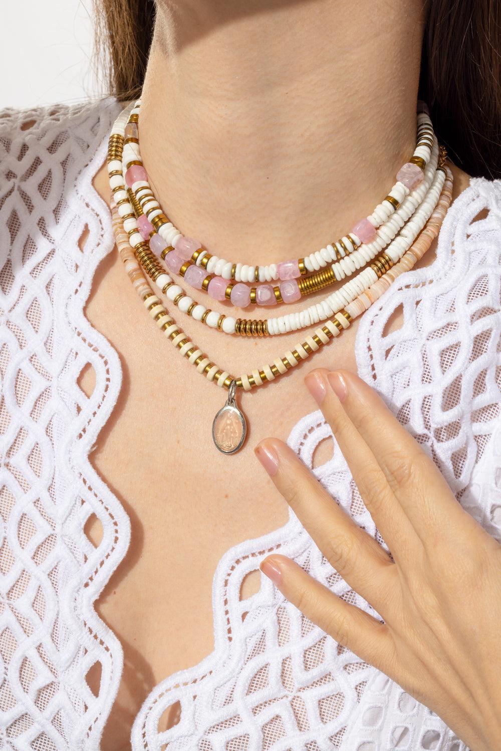 FE Pink Virgencita Pendant Rondelle Necklace-PINK-JEWELRYBOUTIQUENECKLACE O-HIJAS DE PUKA