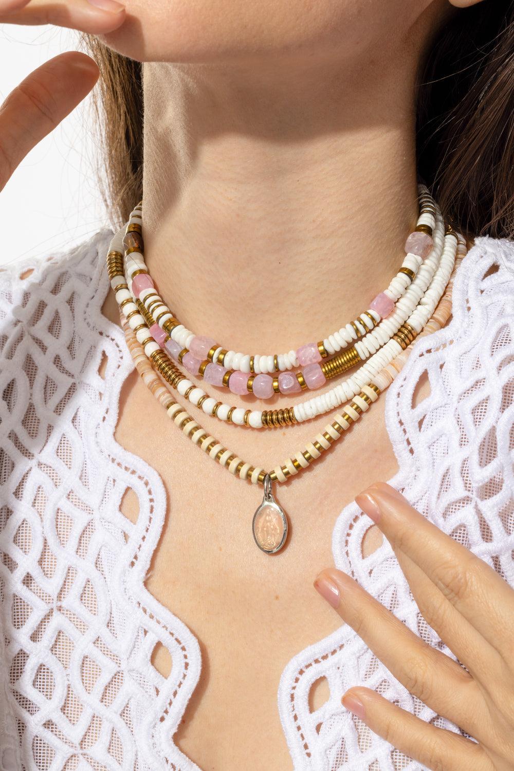 FE Pink Virgencita Pendant Rondelle Necklace-PINK-JEWELRYBOUTIQUENECKLACE O-HIJAS DE PUKA