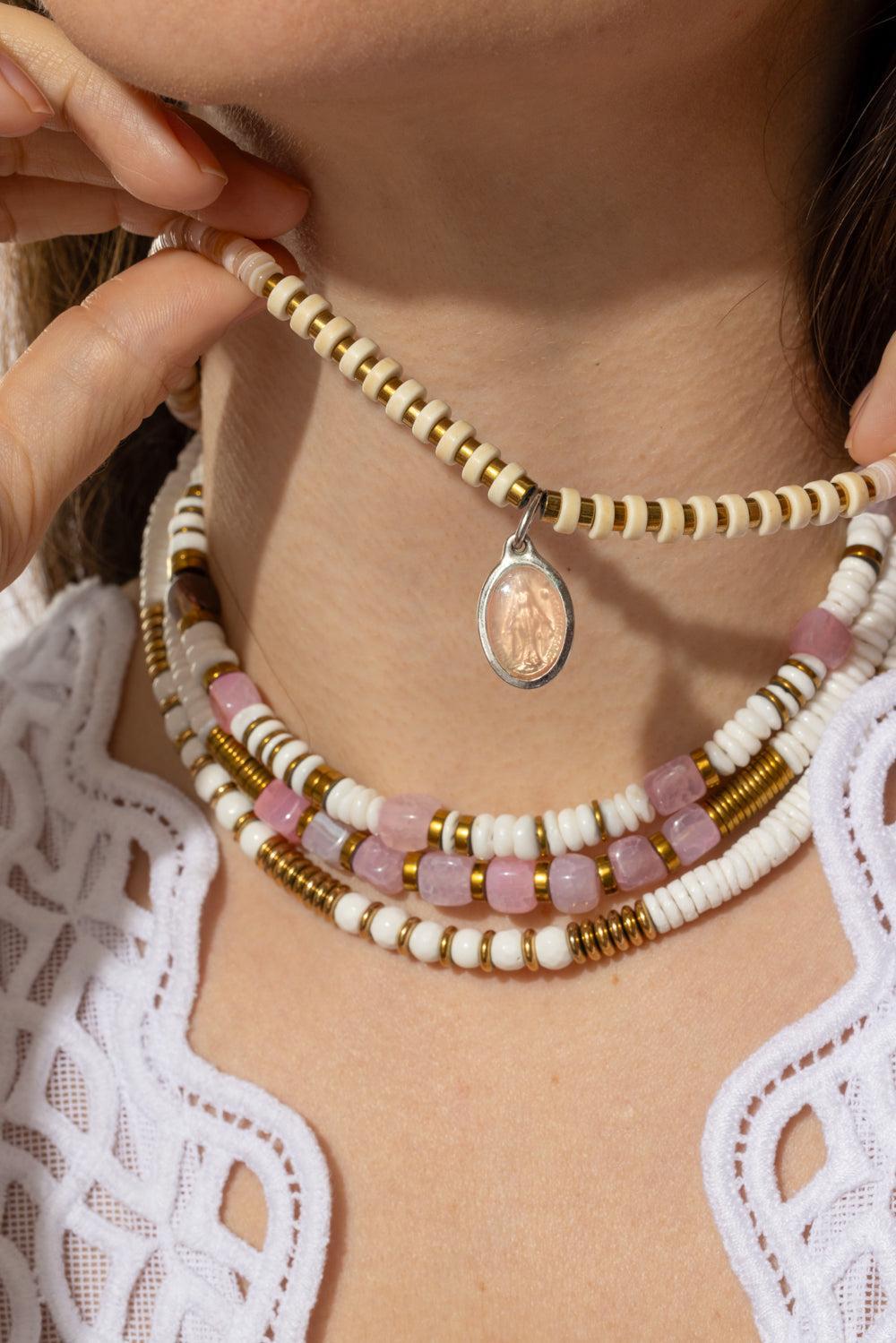 FE Pink Virgencita Pendant Rondelle Necklace-PINK-JEWELRYBOUTIQUENECKLACE O-HIJAS DE PUKA