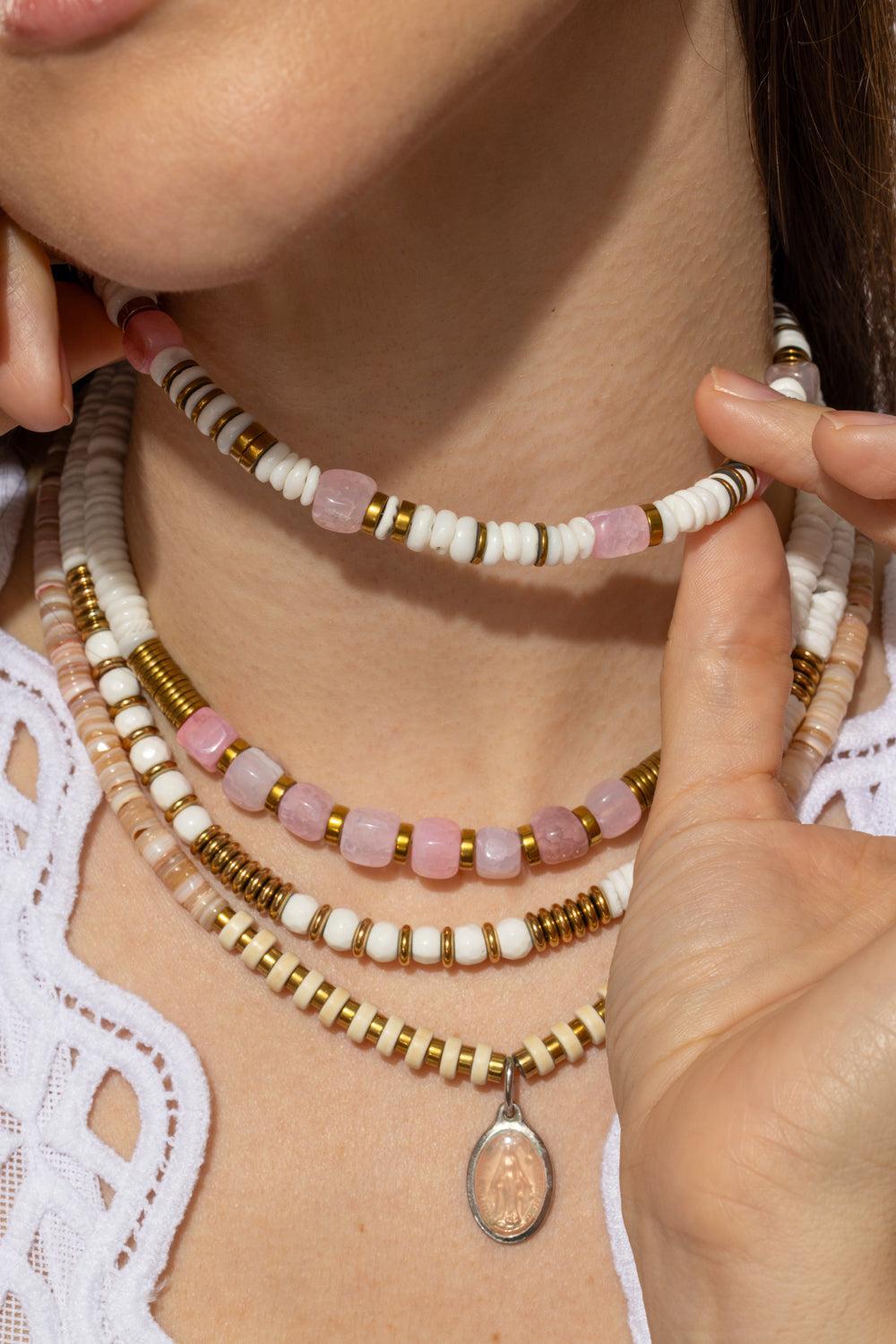 Mar White Shell Agate Necklace-WHT/PNK-JEWELRYBOUTIQUENECKLACE O-HIJAS DE PUKA