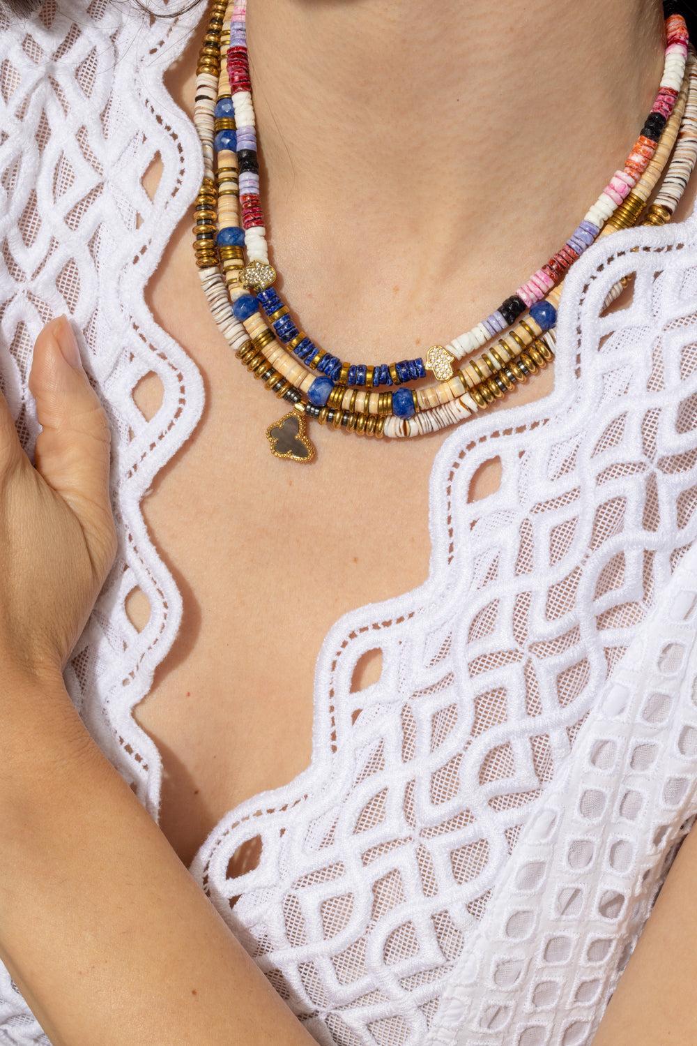 Paulina Dijon Blue Beaded Sea Shell Necklace-BLUE-JEWELRYBOUTIQUENECKLACE O-HIJAS DE PUKA