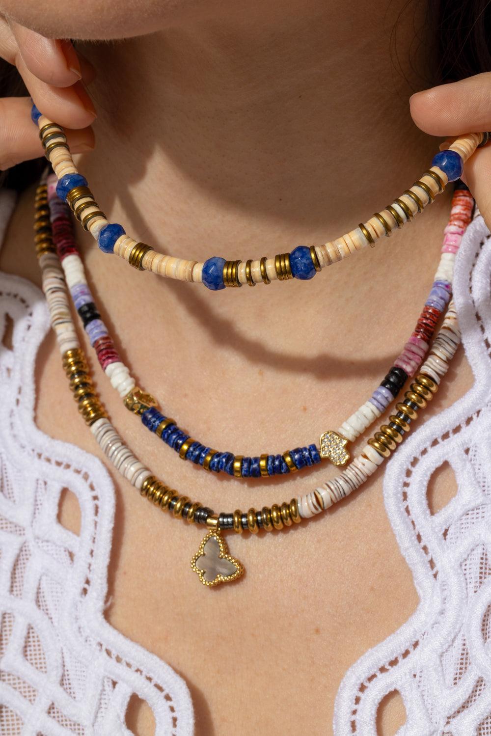 Paulina Dijon Blue Beaded Sea Shell Necklace-BLUE-JEWELRYBOUTIQUENECKLACE O-HIJAS DE PUKA